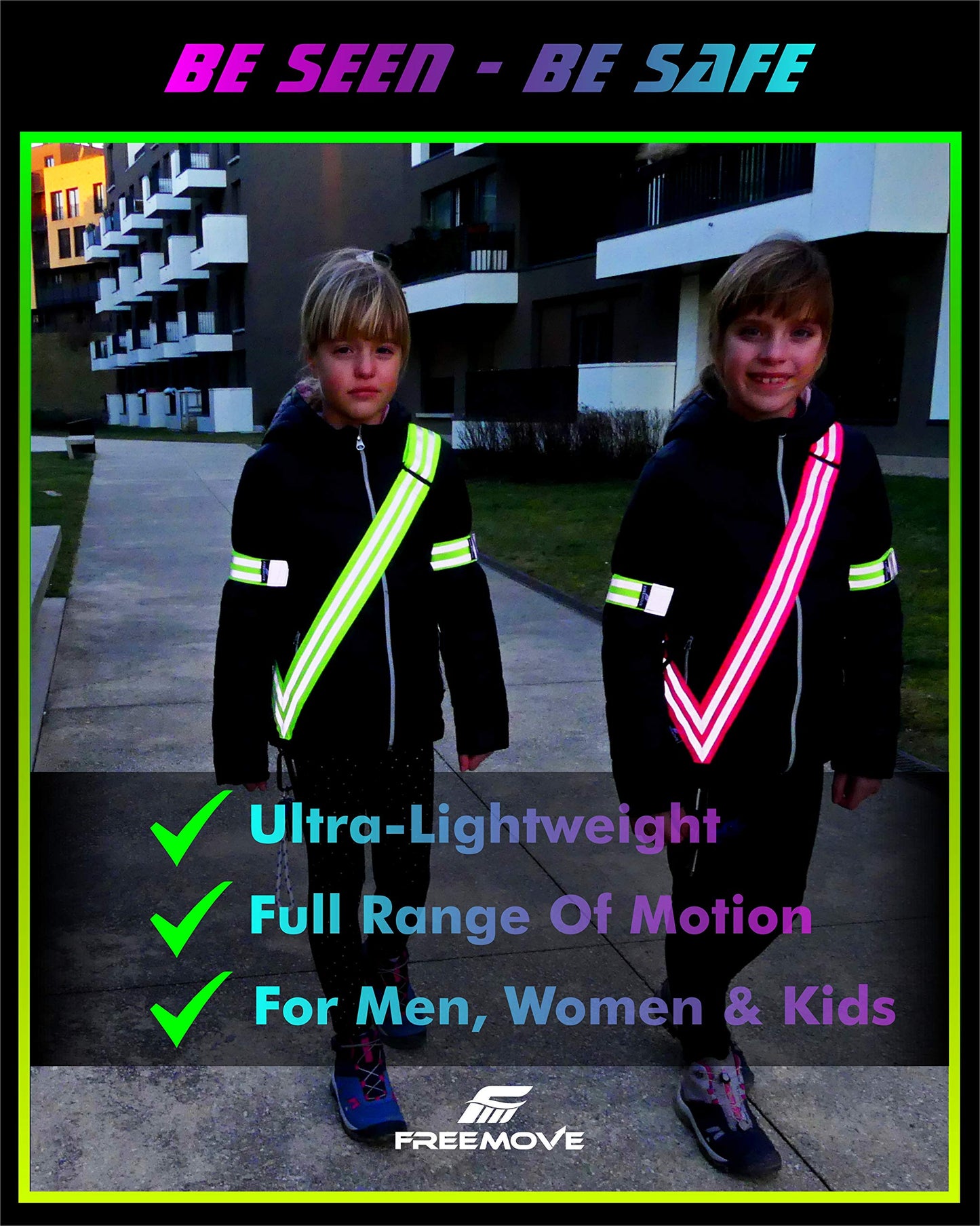 FREEMOVE Reflective SASH with 2 Reflective Arm Bands/Reflective Wristbands > Ultralight & Practical > Reflective Vest Gear for Your Visibility at Day & Night >for Dog Walking >for Women, Men, Kids