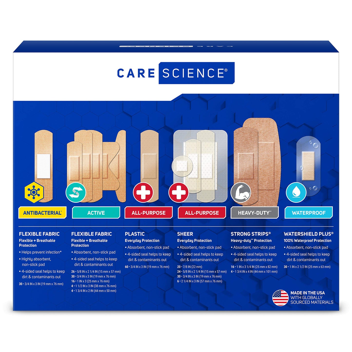 Care Science Variety Bandages Pack, 300 ct Bulk Assorted Sizes | Includes Active, All-Purpose, Waterproof, Heavy-Duty | Breathable Protection for First Aid