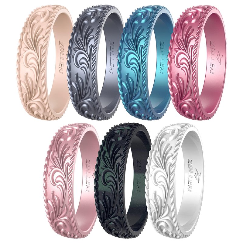 Zollen Silicone Wedding Rings for Women 4 Packs -Metallic Stackable Silicone Rubber Wedding Bands - Innovative Vine Collection, Size 8