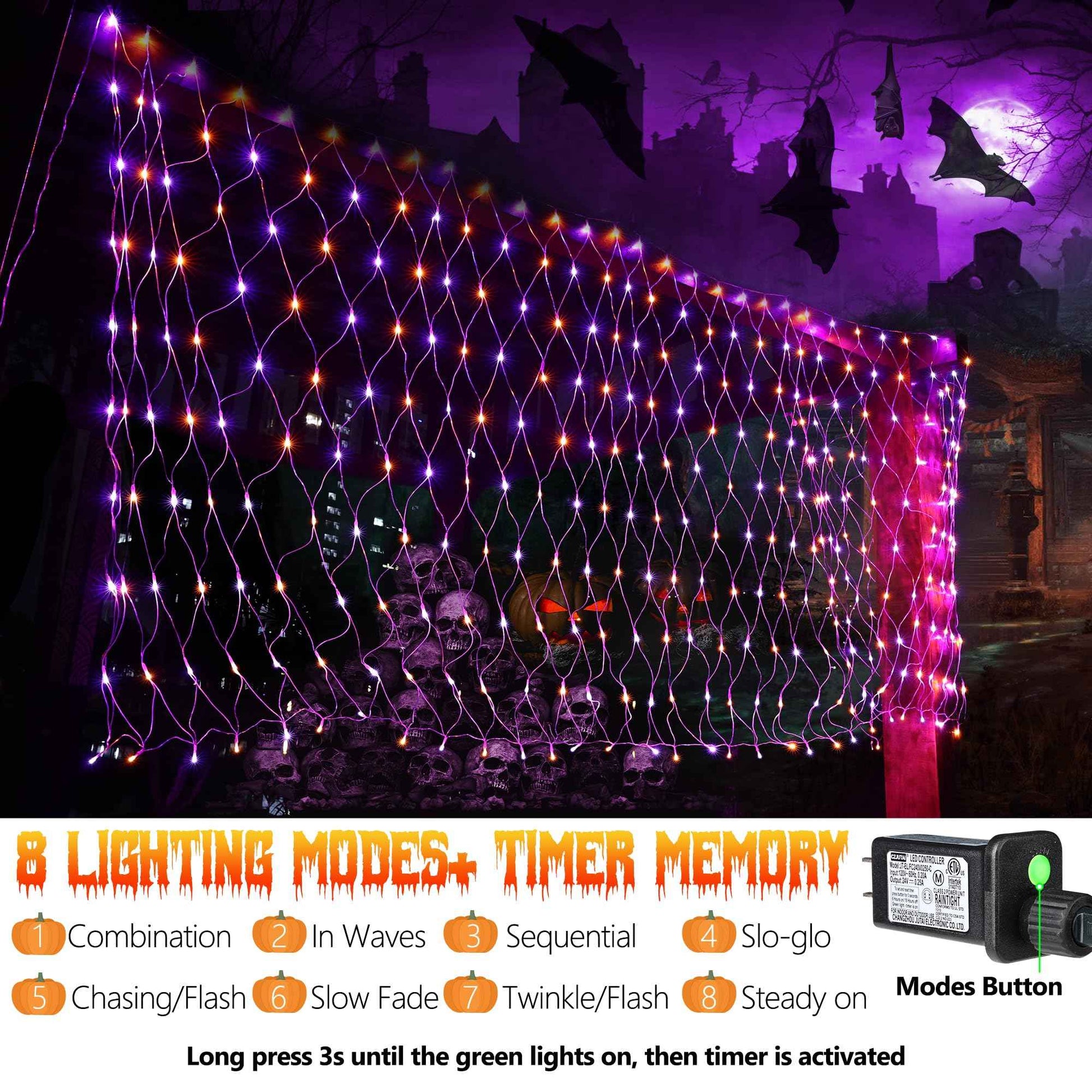 iBaycon 4ft x 6ft Halloween Net Mesh Lights, 8 Modes Timer Connectable Waterproof Bush Mesh Netting Lights for Halloween Outdoor Decorations (Orange Purple, 1PACK)