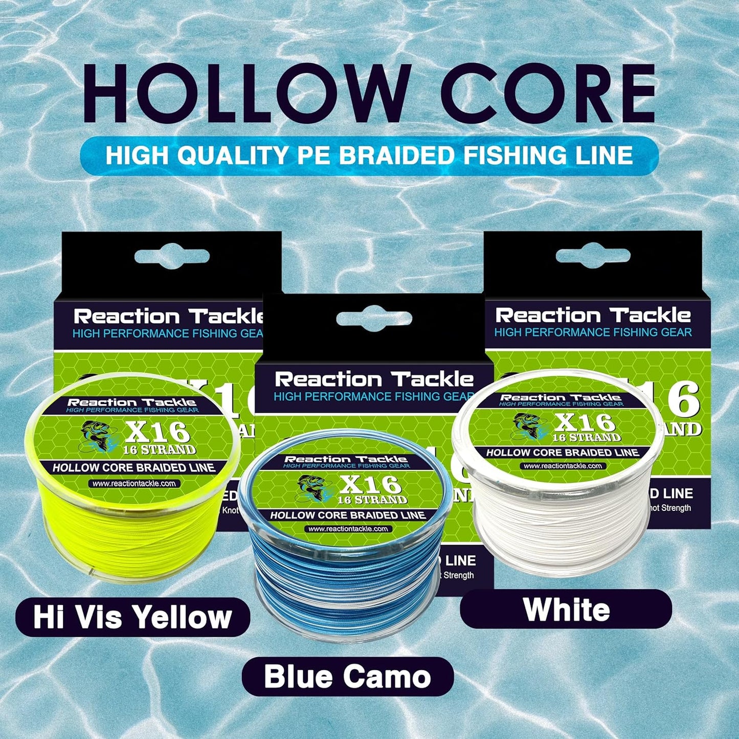 Reaction Tackle Hollow Core Braided Fishing Line - 16 Strand Braid for Freshwater & Saltwater Fishing
