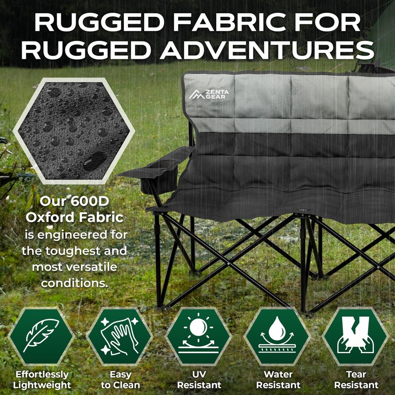 ZENTA GEAR Oversized Fully Padded Double Camping Chair, Portable Folding Loveseat w/Side & Back Pockets, Adjustable Armrests, Double-Sized Cup Holders for Outdoor, Indoor, Supports 530LBS (Black)