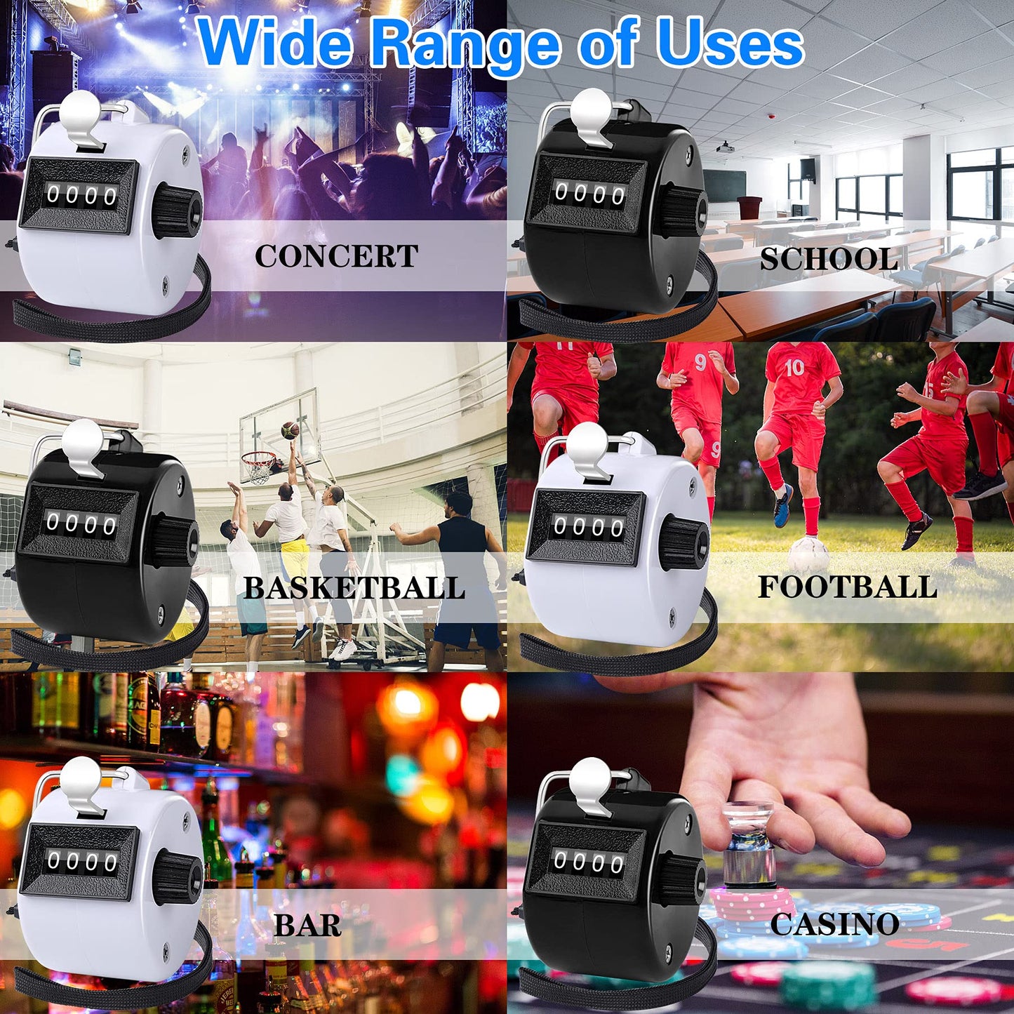 FEBSNOW 2 Pack Hand Tally Counter 4 Digital Click Counter for Sport Row School Event (Black White)
