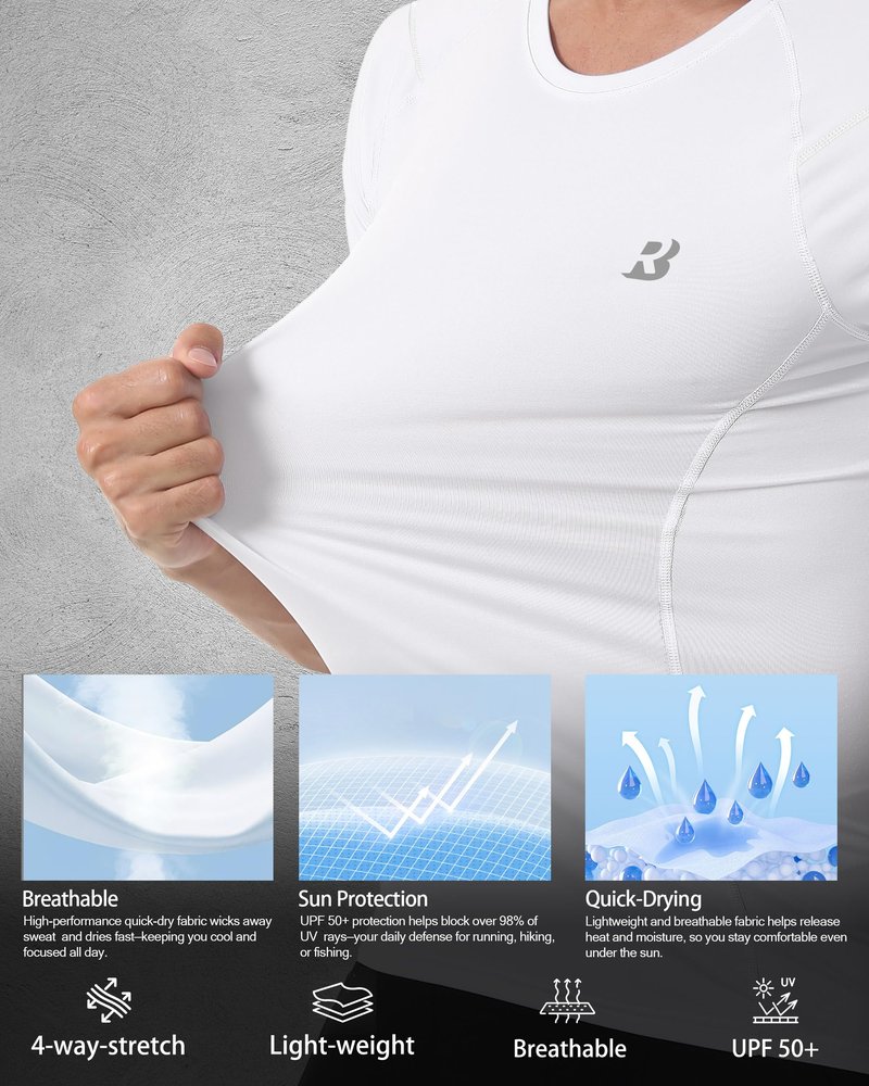 Roadbox Men's Compression Shirts Short Sleeve, Quick Dry Workout Football Base Layer Tops for Athletic Sports Gym Running Basketball White