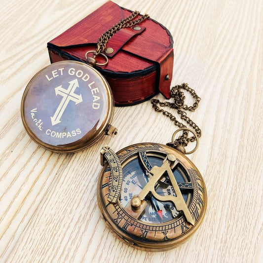 Varth Antique Brass Pocket Compass Vintage Nautical Gift with Famous Scripture Quote Engraved Baptism Gifts with Leather Case for Loved Ones, Son, Love, Partner