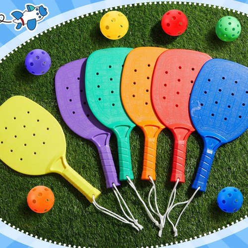 Lunmon Plastic Paddleball Racket with Balls PE Equipment for Elementary School 15.2 x 7.5 Inches Paddle Ball Racket with Lanyard Physical Education Classes Equipment 6 Colors(6 Pcs)