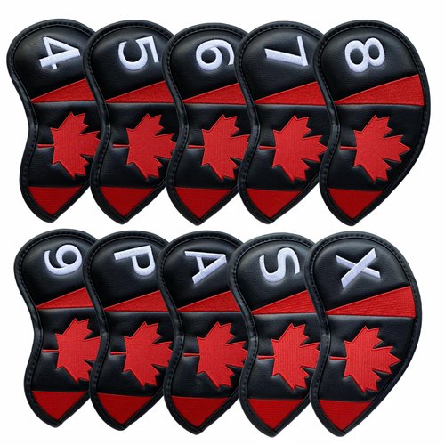 NEwoilkwo Canadian Flag Golf Iron Head Covers Headcovers Set Black Synthetic Leather Golf Iron Covers for Golf Clubs | 10Pack #4-9 Iron Covers, Aw, Sw, Pw, Xw Wedge Covers