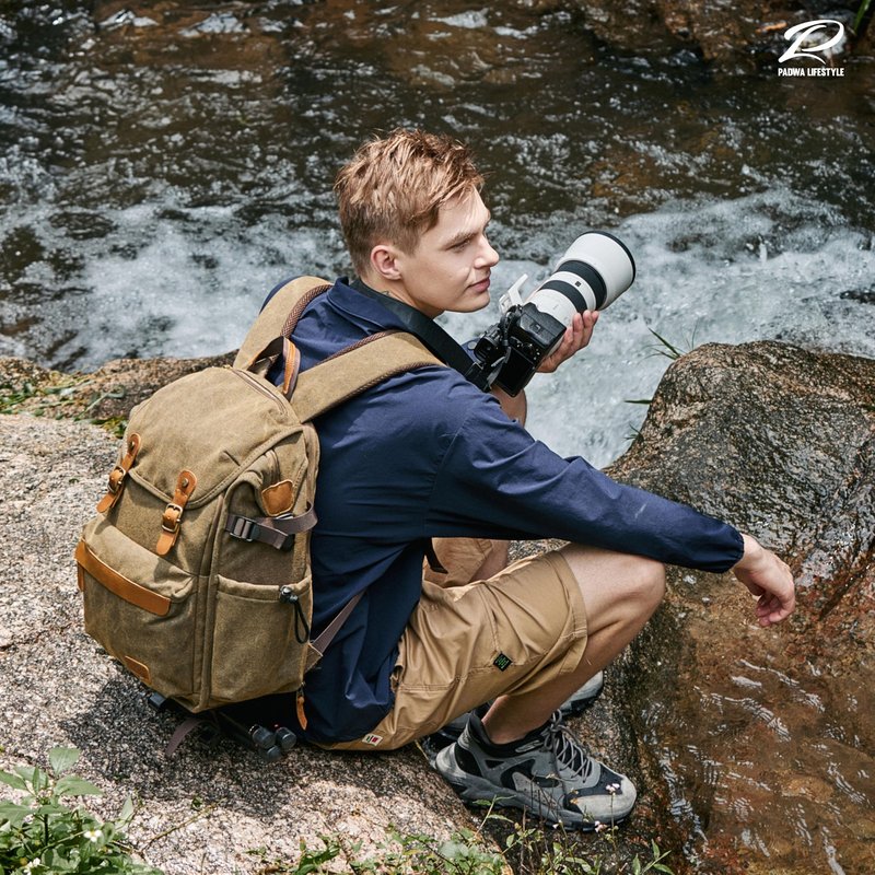 Padwa Lifestyle Khaki Camera Backpack - Professional DSLR & UAV Camera Bag,Anti Theft Canvas Camera Backpacks with Rain Cover,Large Capacity Photography Travel Camera Bag with Multi Compartments
