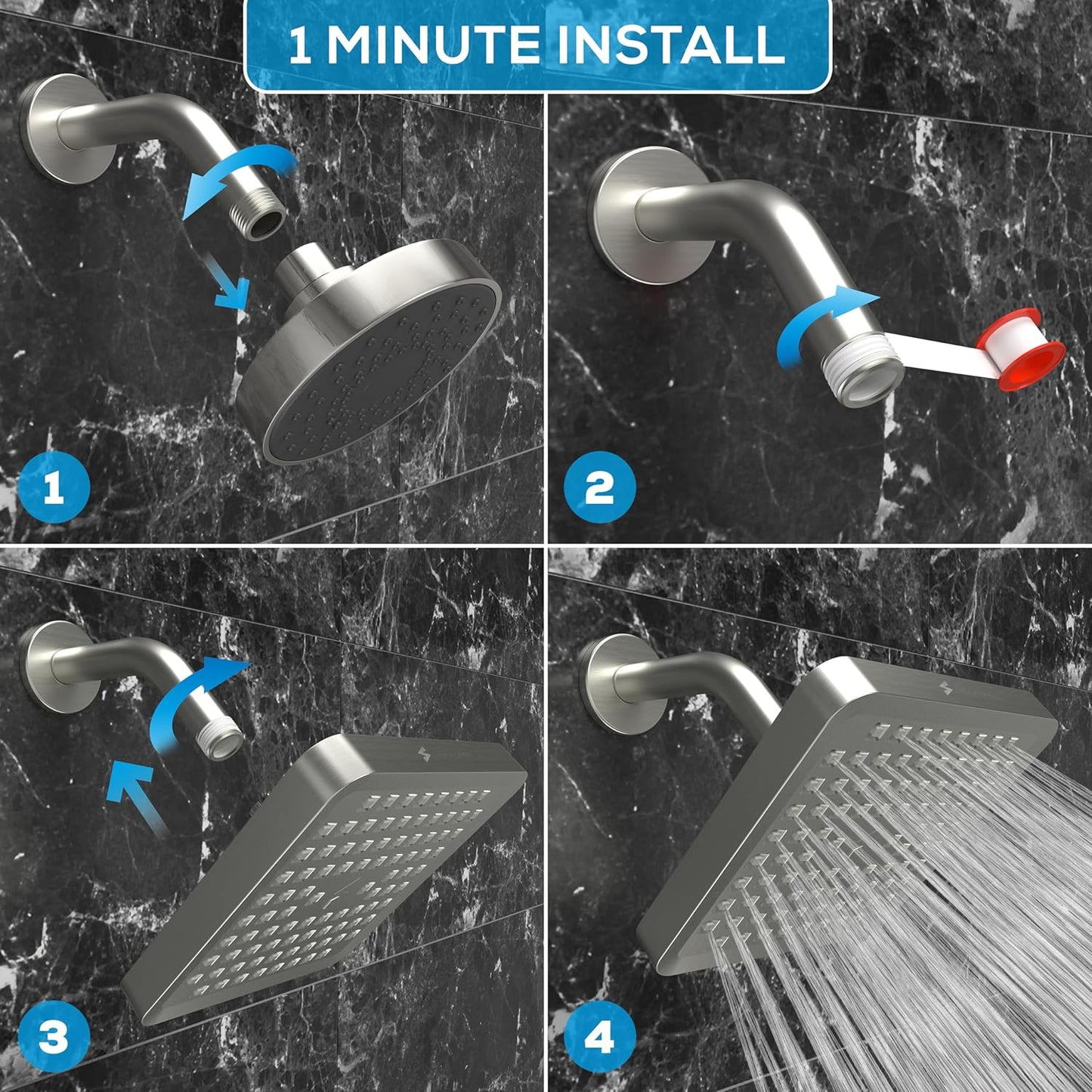 High Pressure Rain Shower Head - SparkPod Premium 6-Inch Square in Brushed Nickel - Easy Install & Clean