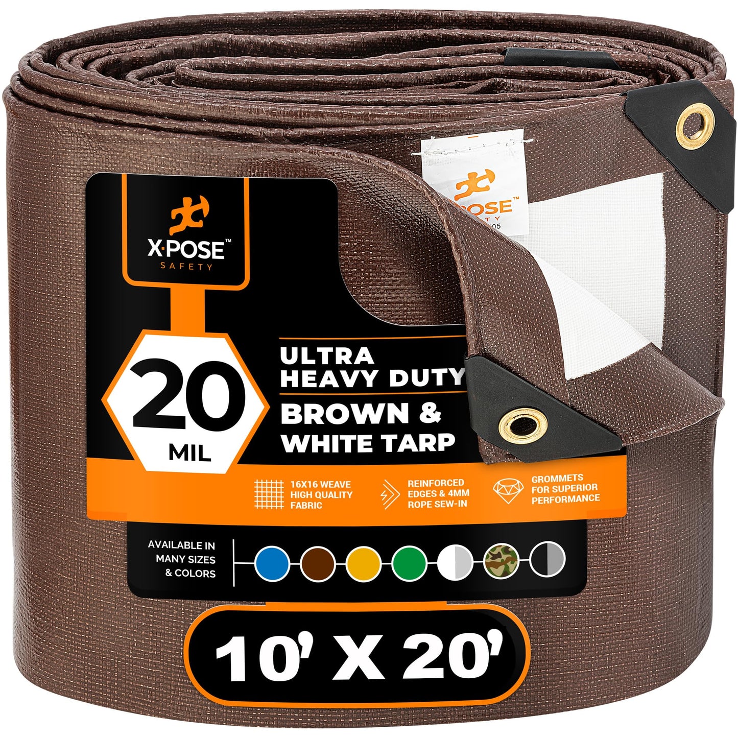 xpose safety 10' x 20' Brown/White Ultra Heavy Duty Tarp - 20 Mil Tarps Heavy Duty Waterproof 10x20 - Extra Large Tarp,Waterproof Tarp Cover Rain Camping,Tent Tarp,UV Protection,Reinforced Corners