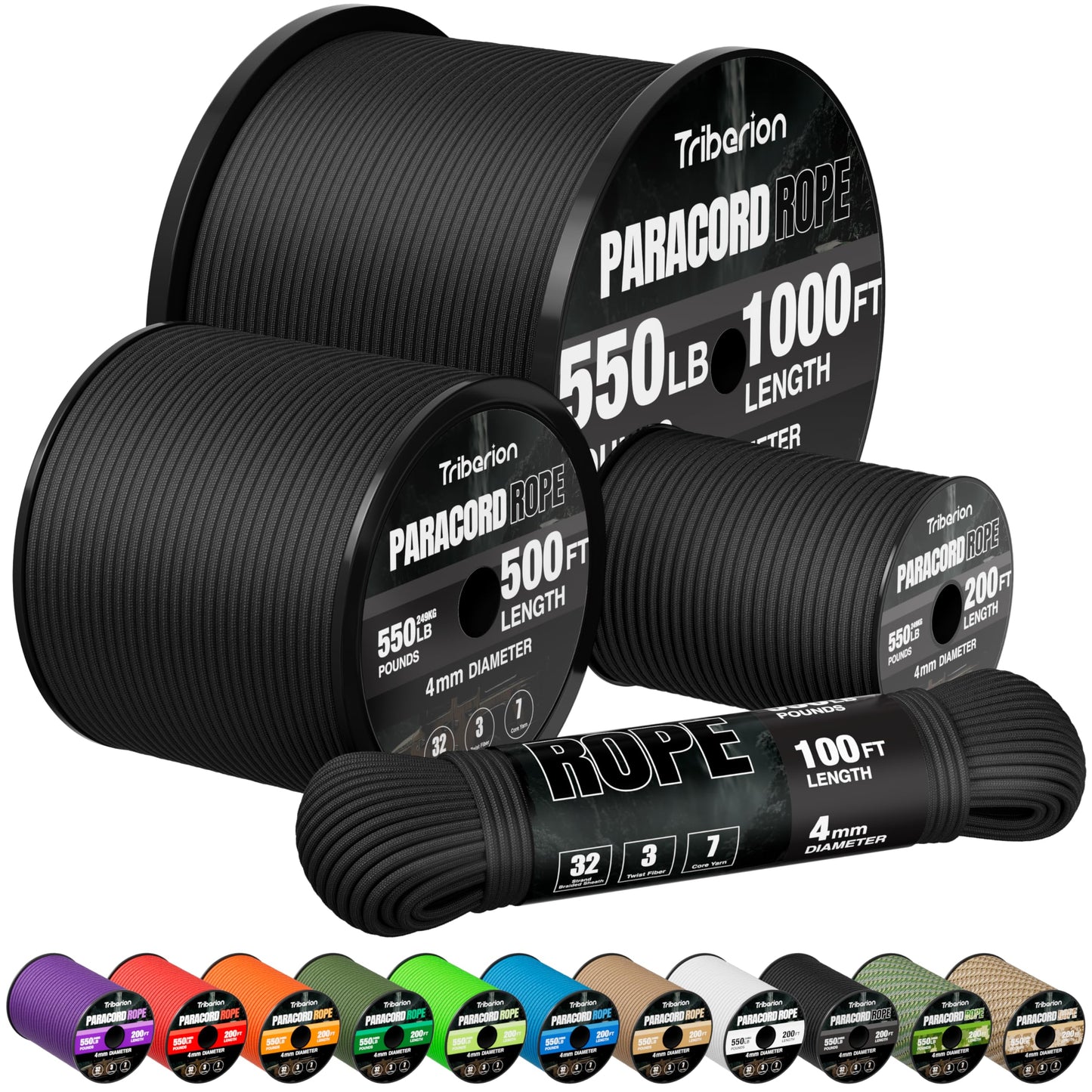 Paracord Rope 550 lb - 200ft 5/32" Parachute Cord 4MM 7-Strand para Cord - Heavy Duty Spool String for Survival,Camping Gear, Survival Bracelet, Clothesline - Black