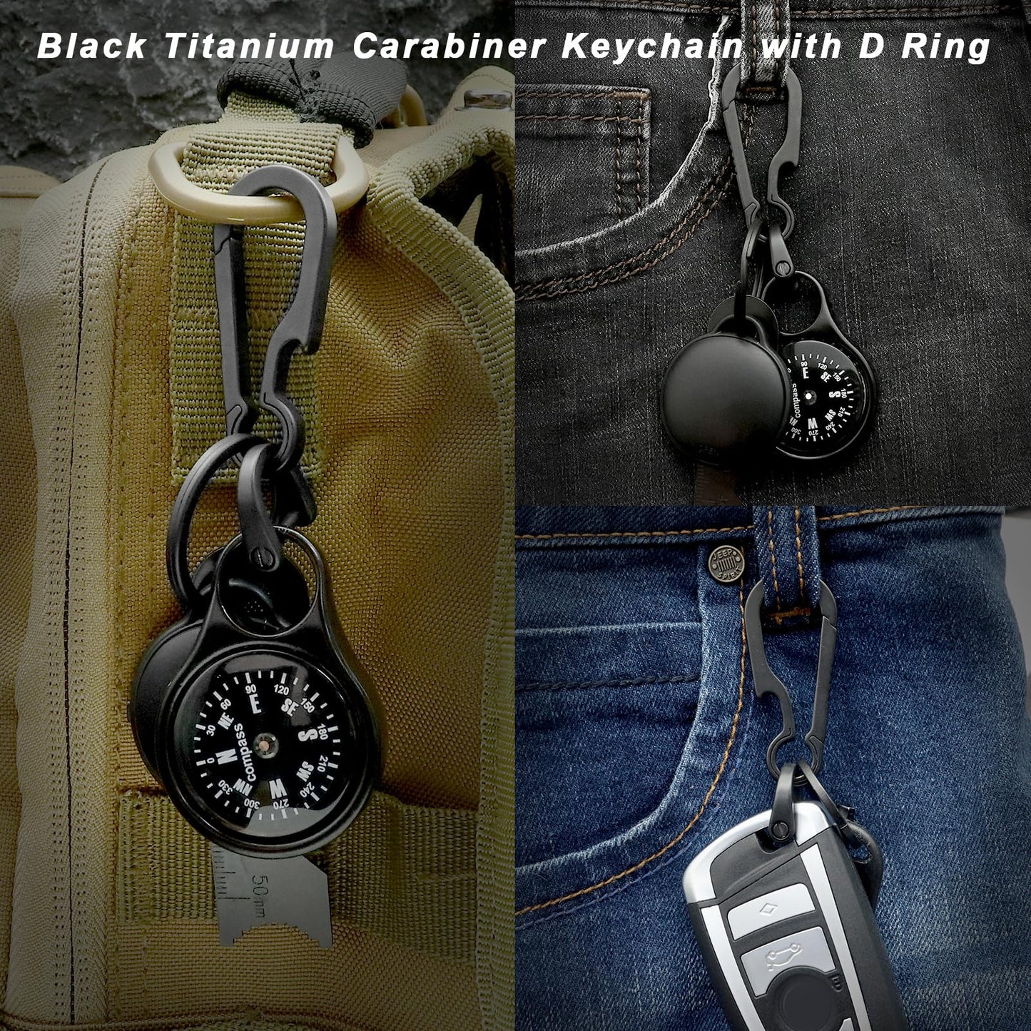 PJYTAC Black Titanium Carabiner Keychain, Quick Release Heavy Duty Key Clip Bottle Opener with Titanium Keyring D Ring for Car Keys