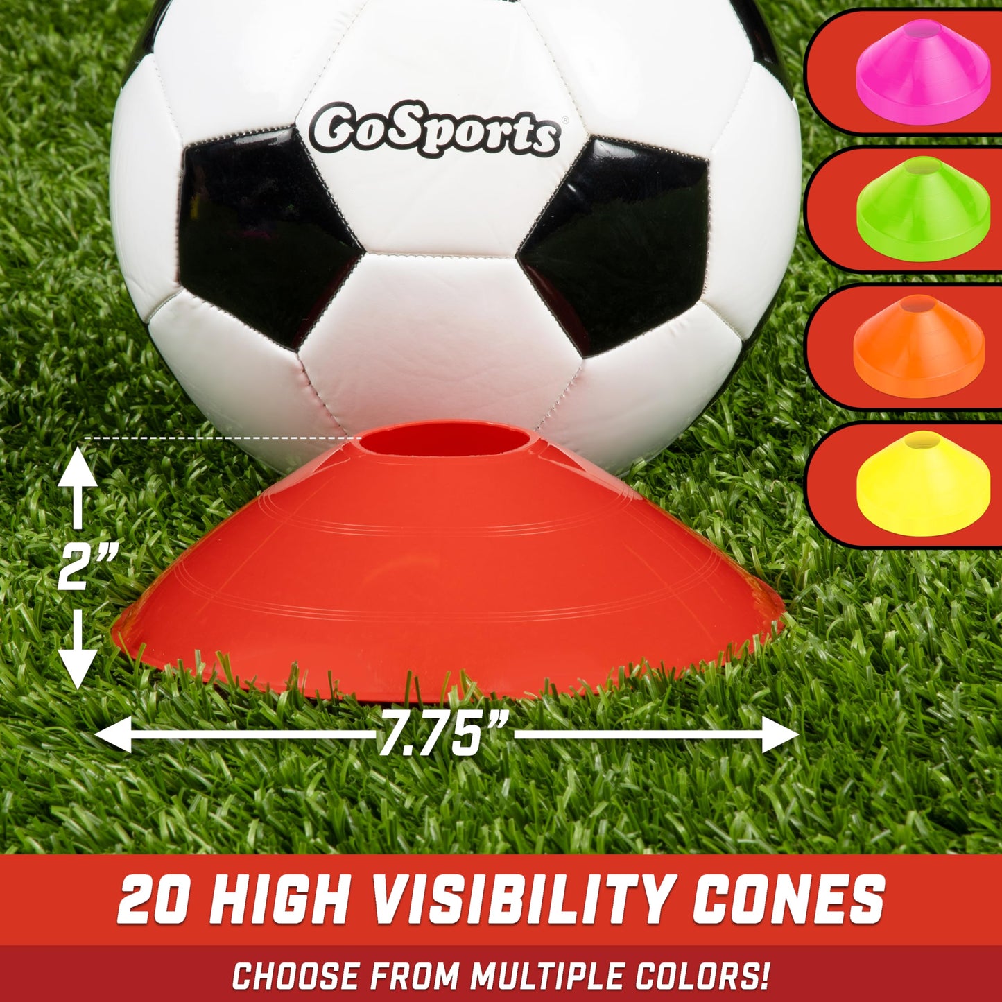 GoSports Premium Sports Cones for Agility Training and Drills - 20 Pack with Tote - Red