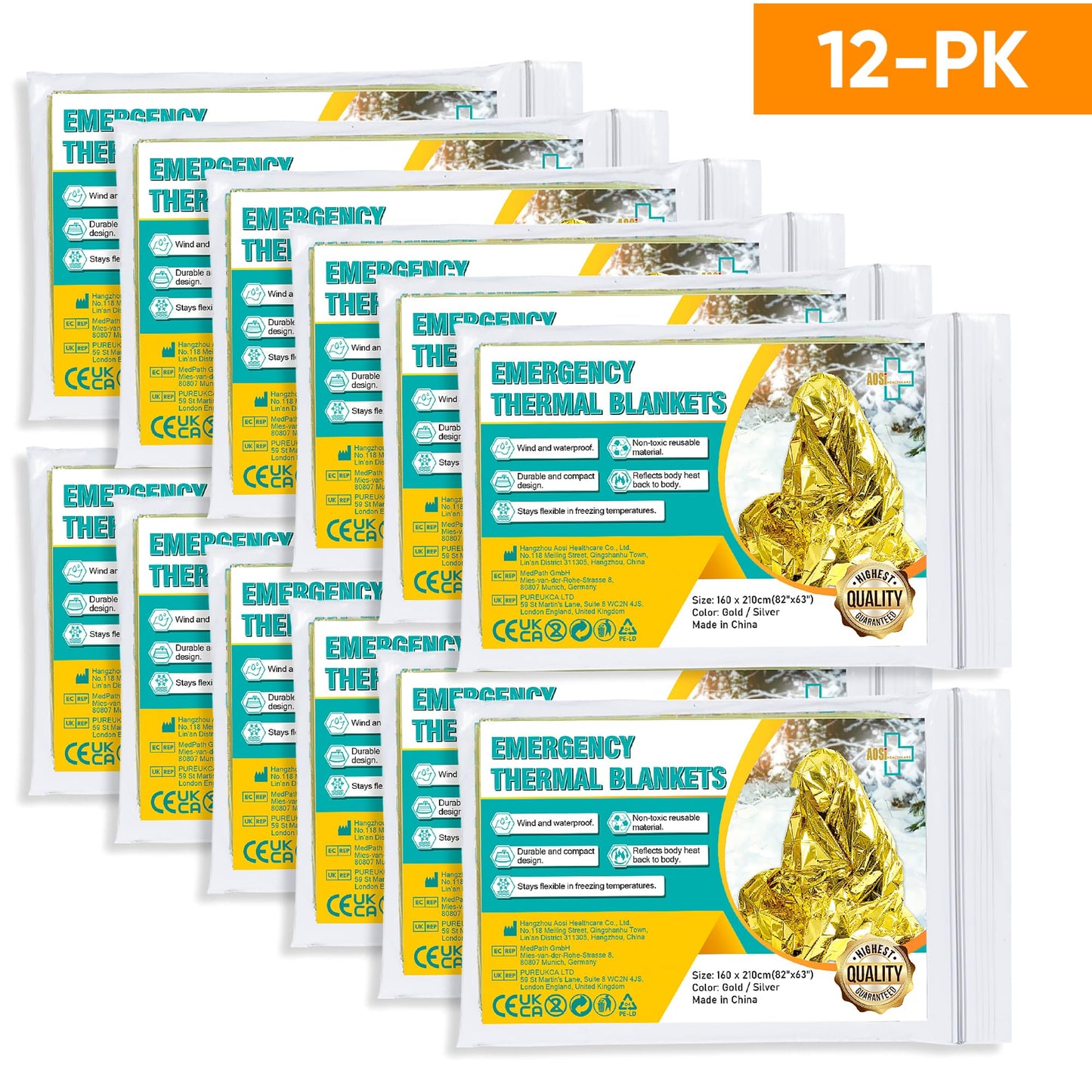 General Medi Emergency Blanket (12-Pack), Emergency Gold Foil Blanket– Perfect for Outdoors, Hiking, Survival, Marathons or First Aid