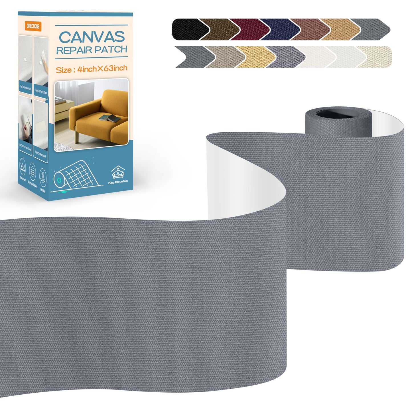 KING MOUNTAIN Canvas Repair Tape,Outdoor Gear Patch, 4×63 Inches,Waterproof,Self-Adhesive for Repairing Boat Covers,Sun Shades,Sofas,Tents,Lounge Chairs,Awnings (Grey-1)
