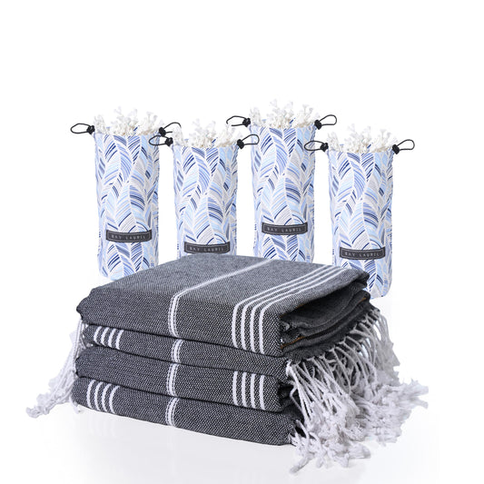 BAY LAUREL 4-Pack Oversized Turkish Beach Towels – Quick Dry, Sand Free Towels with Travel Bags, 39"x71", Lightweight (Pack of 4 - Black with Blue Floral Bag)
