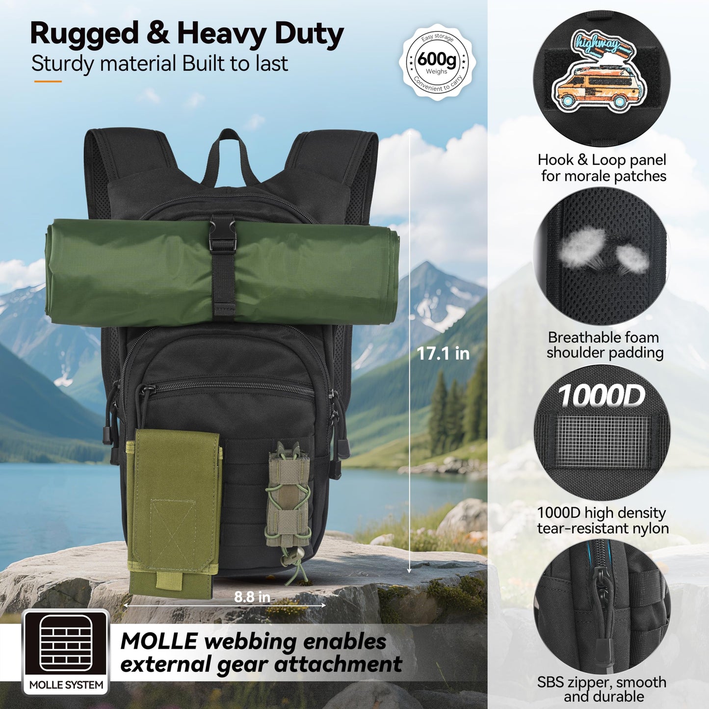 MARCHWAY Tactical Molle Hydration Pack with 2.5L TPU Water Bladder, Low-Profile Organized Military Backpack for Hiking, Cycling, Backpacking, Hunting, Running (Woodland Camo)