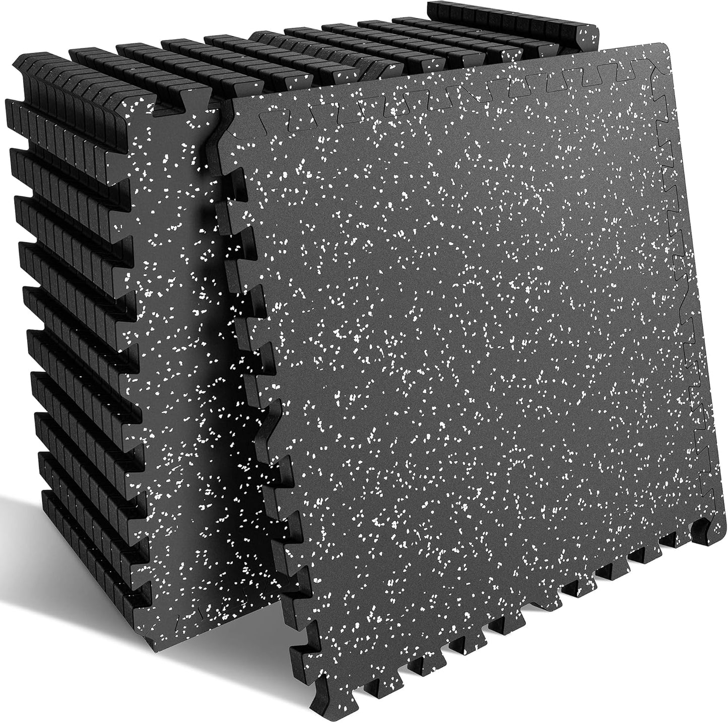 PRAISUN Gym Flooring Mats - 0.6" Thick Interlocking Rubber Tiles | 12 Pcs, 48 Sq Ft, Black/Grey
