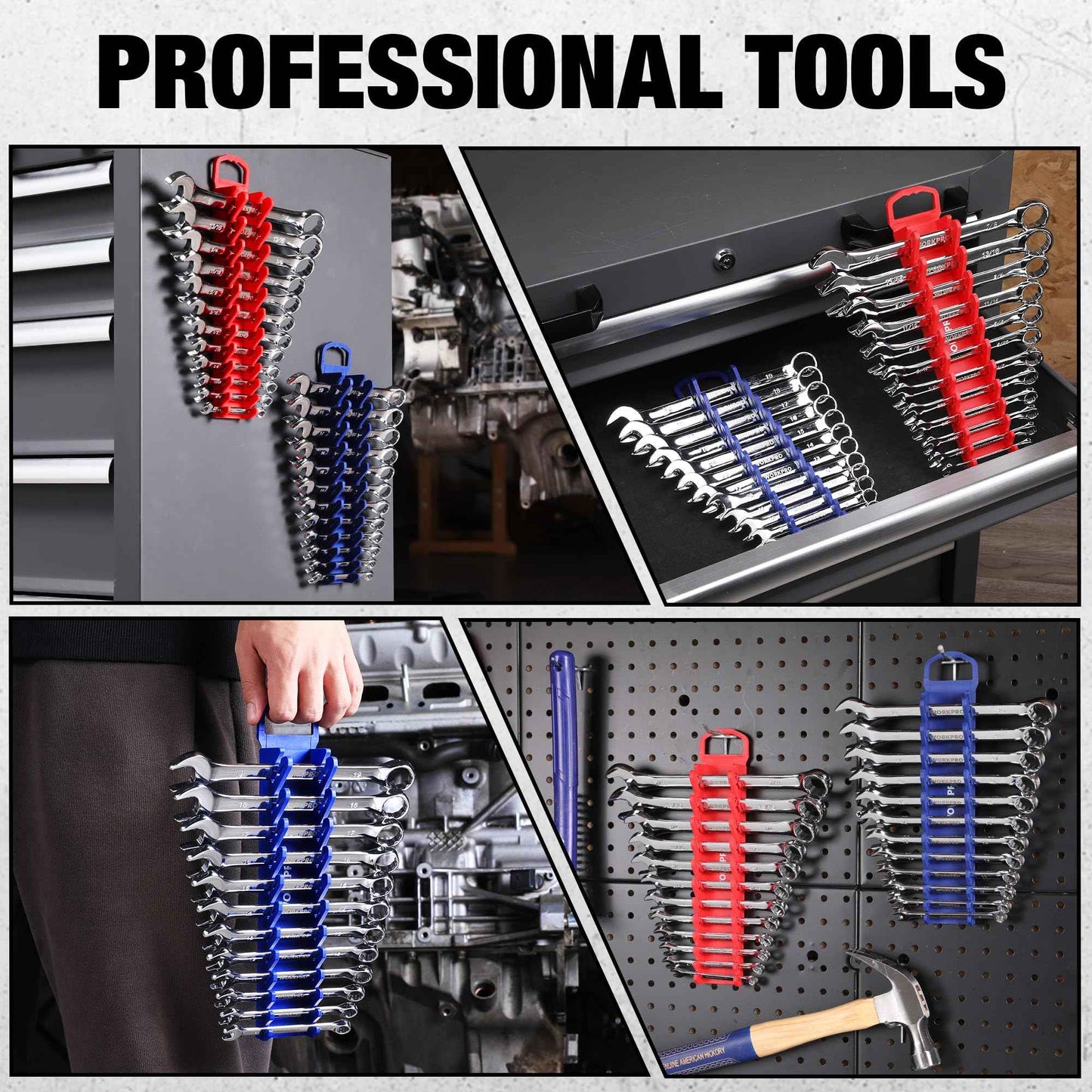 WORKPRO 2-Pack Magnetic Wrench Organizer, 12-Piece Gripper Wrench Holder for Stubby or Line Wrenches, Quality Wrench Rack Fits for SAE (1/4” to 15/16”) and Metric (6mm to 24mm), Flexible Teeth
