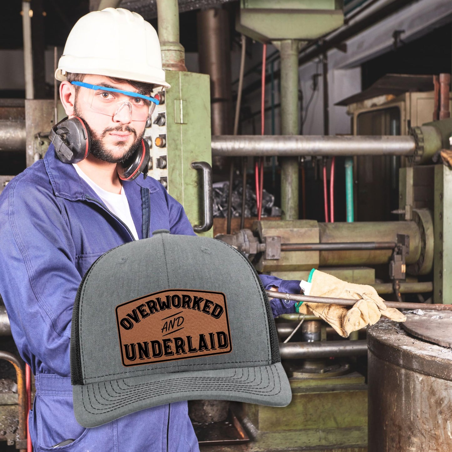 Yippee Daisy Overworked and Underlaid Hat - Funny Dad Hats for Men - Christmas, from Wife - Inappropriate Trucker Hat - Hat with Leather Patch - Blue Collar Hats - Grilling Gifts for Men