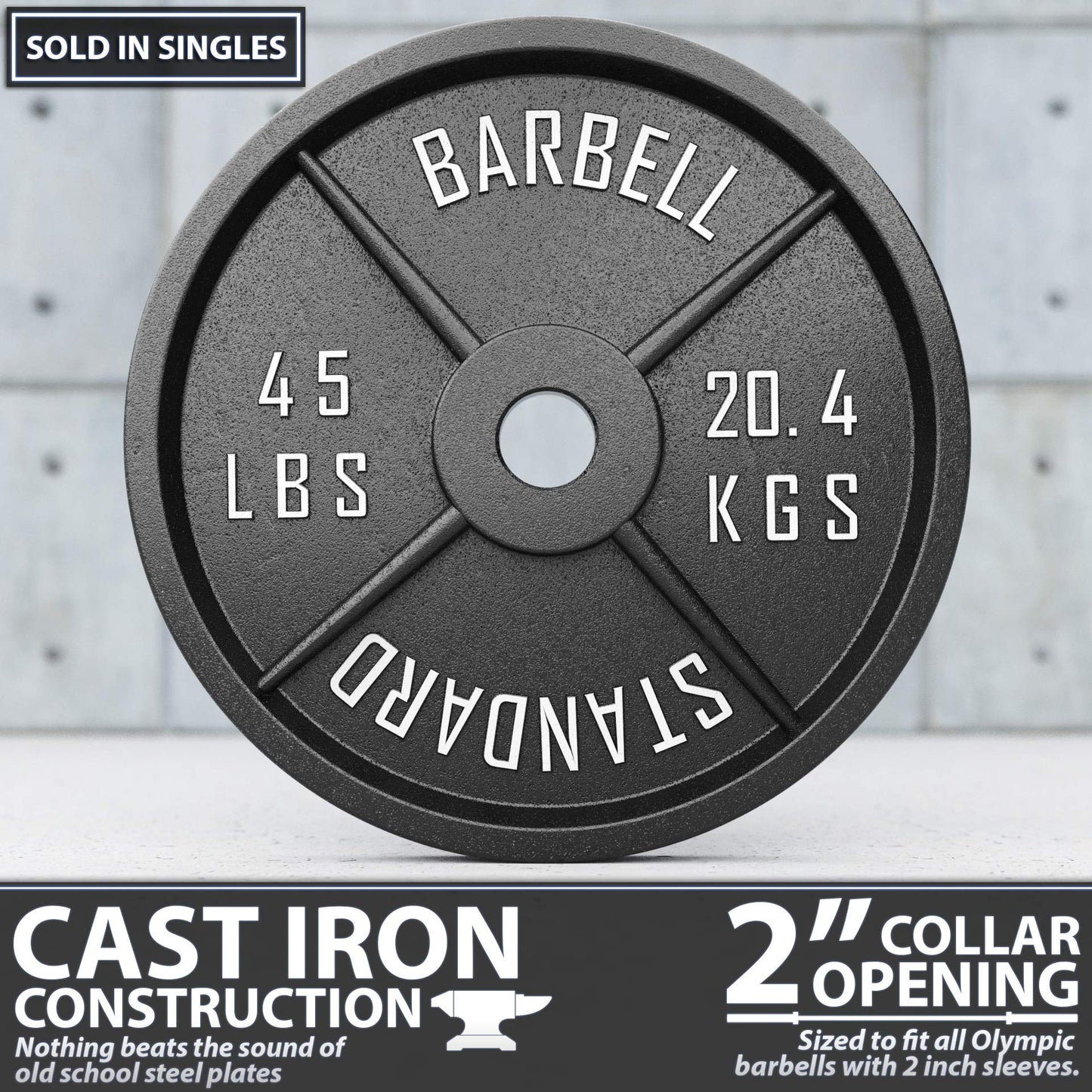 Synergee Standard Metal Weight Plates 45 lb Single. 2” Opening for Bodybuilding, Olympic & Power lifting workouts. Classic Old School Metal Weighted Plates.