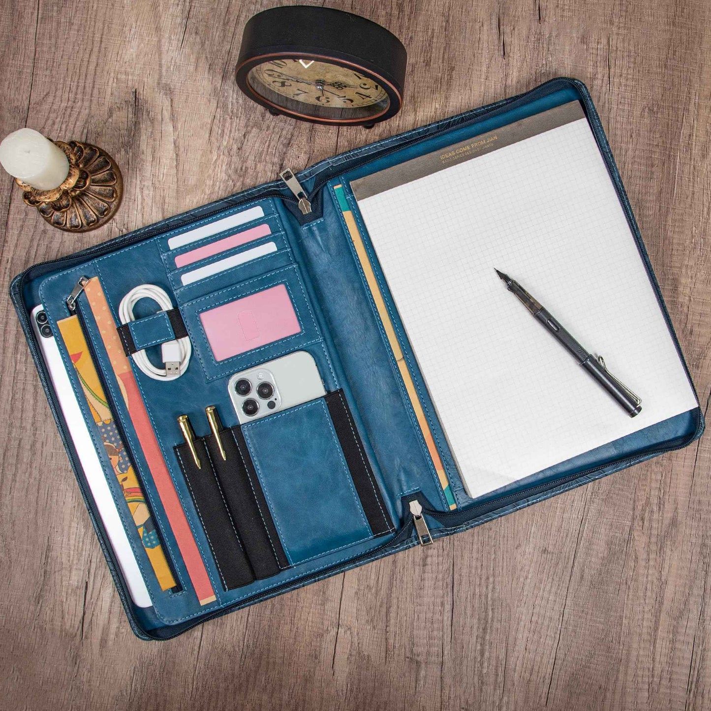 Embossed Vegan Leather Portfolio for Women,Professional Organize Padfolio with A4 Notepad Holder,Professional Business Document Organizer for Women (Blue)