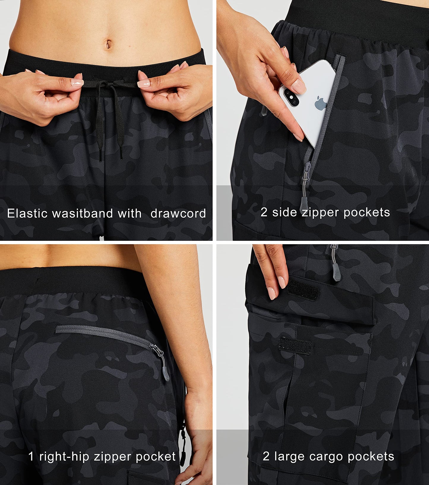 Libin Women's Camo Cargo Joggers Lightweight Quick Dry Hiking Pants Athletic Lounge Casual Travel, Camo Black L