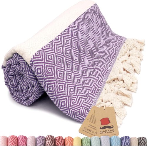 Bazaar Anatolia Turkish Beach Towel - 100% Cotton, Quick-Dry, Sand-Free | Oversized 71x39 Inches - Diamond Purple