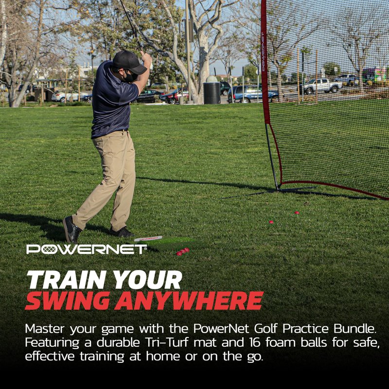 PowerNet Foam Golf Balls & Tri-Turf Mat Bundle, Portable 25" x 16" Hitting Space, Golfing Accessories Training Aid to Improve Swings, 16-Pack Training Balls & Artificial Grass Practice Mat
