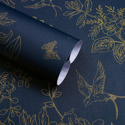 Froluya Dark Blue and Gold Vintage Floral Peel and Stick Wallpaper 17.7"x118.1" Dark Blue Floral Wallpaper Peel and Stick Removable Self Adhesive Wall Paper for Bathroom Bedroom Decorative Vinyl