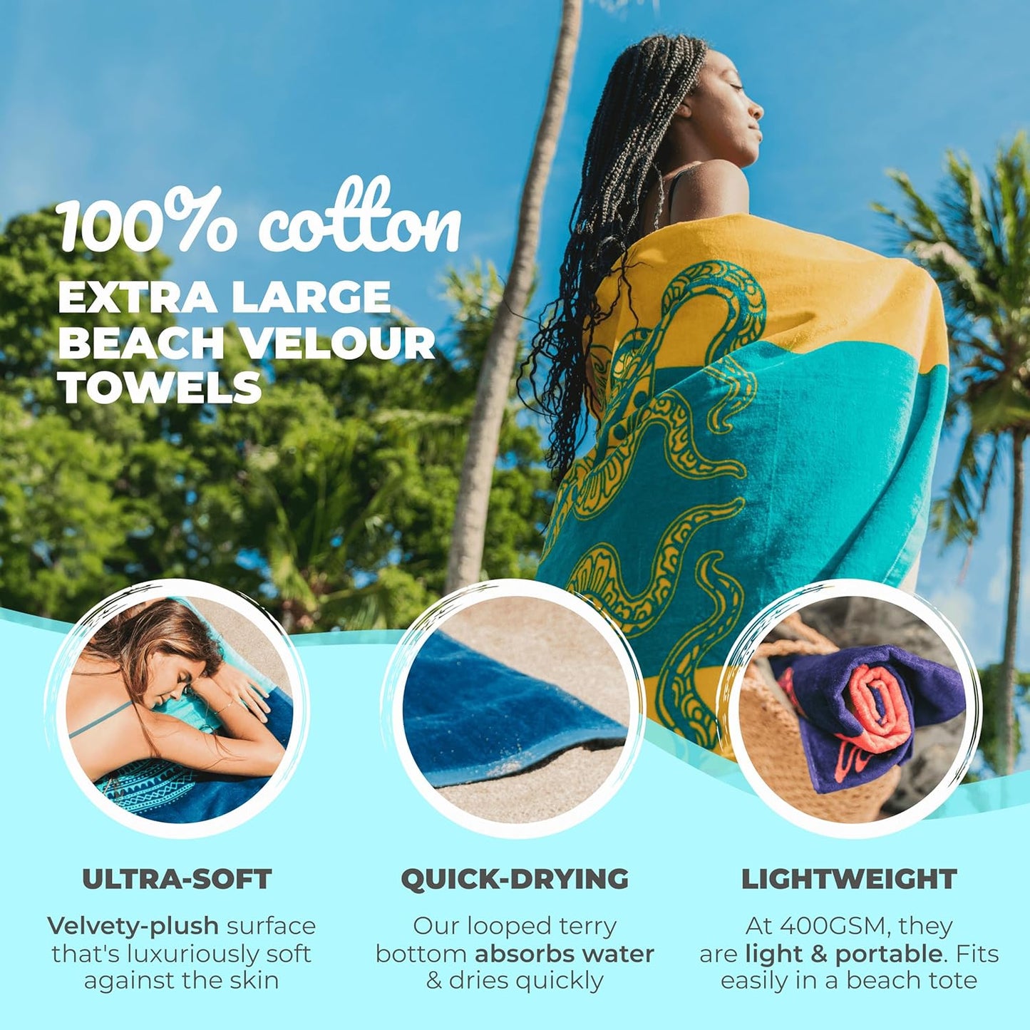 Nova Blue Beach Towel - Vibrant Tropical Design in Orange & Teal | 34" x 63" 100% Cotton Travel Towel
