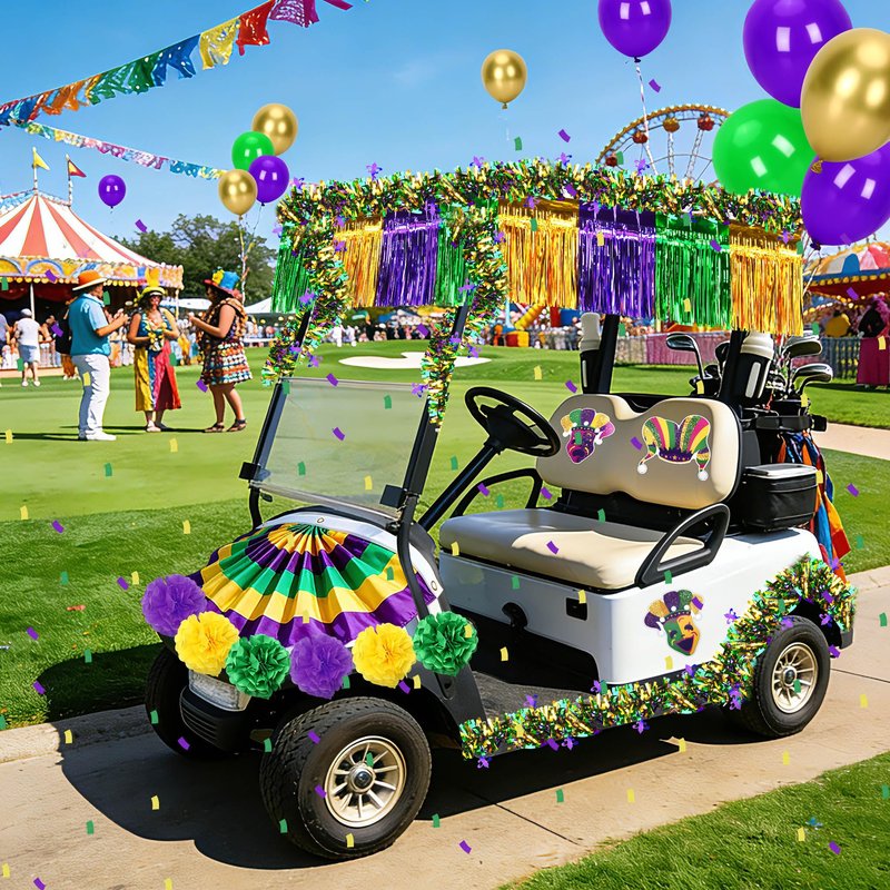 UPINS 57 Pcs Mardi Gras Decorations Kit, Mardi Gras Float Decorations Golf Cart Decorations for Parade, Includes Bunting Flag Garland Tinsel Fringe Streamers Balloons (Purple Green Gold)