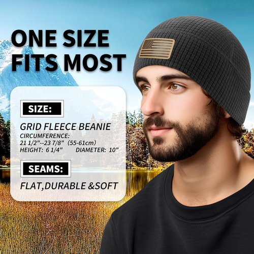 OUTDOOR SHAPING Grid Fleece Beanie with Leather American Flag Patch Waffle Tactical Army Military Skull Cap Black
