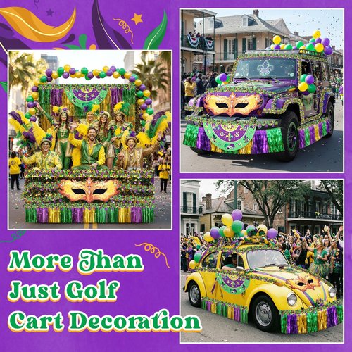 68 Pcs Mardi Gras Golf Cart Parade Float Decoration Kit 60 Pcs Balloons 4 String Wire Garland 2 Banners Mardi Gras Fan Shaped Hanging Flag Cloth Mask with Flag for Golf Cart Accessories