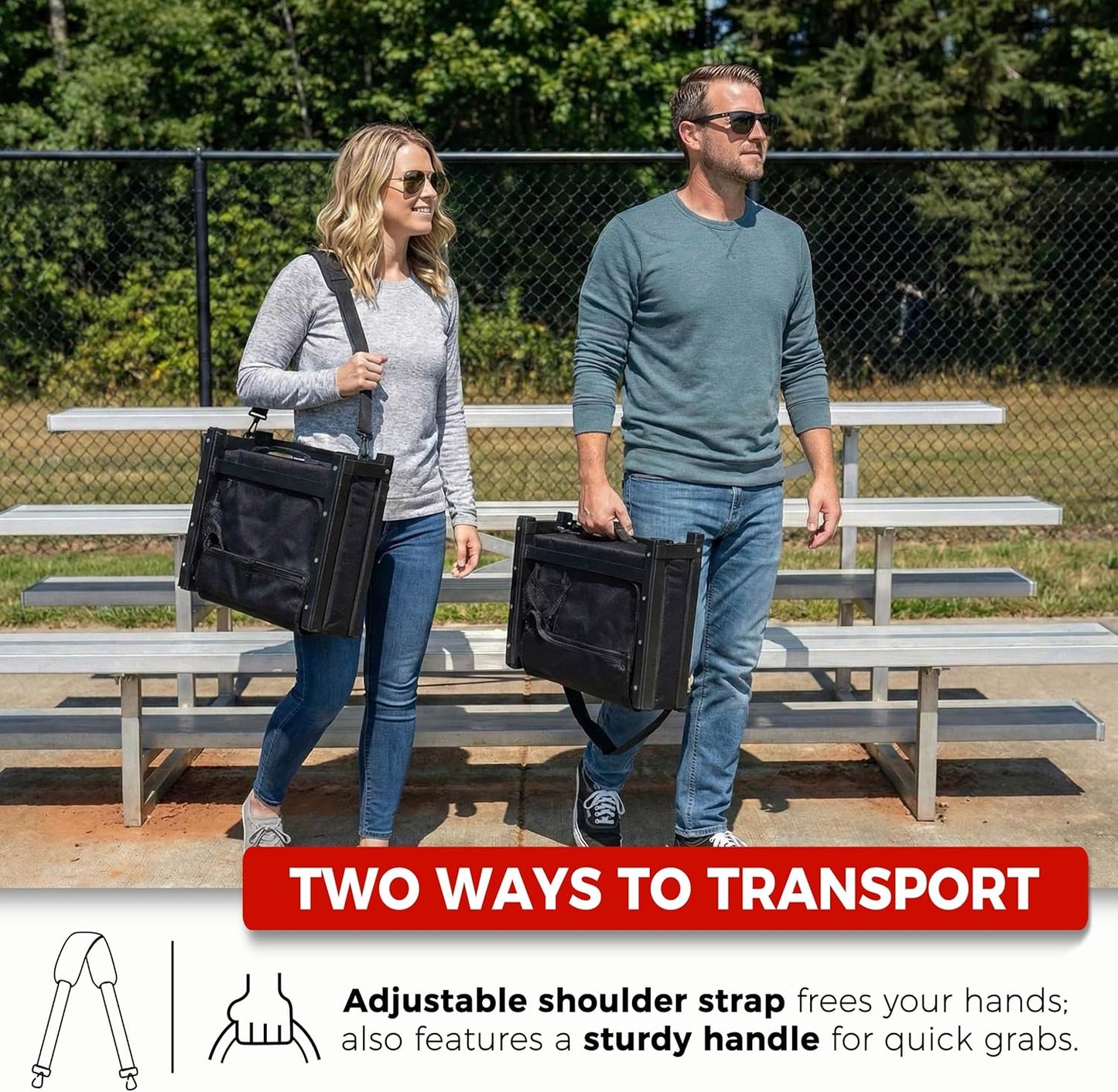 Sport Beats Stadium Seats - Padded Bleacher Chair with Back Support & Shoulder Strap | Black, 1pc, Regular Size - 17" W x 12" D x 16.5" H