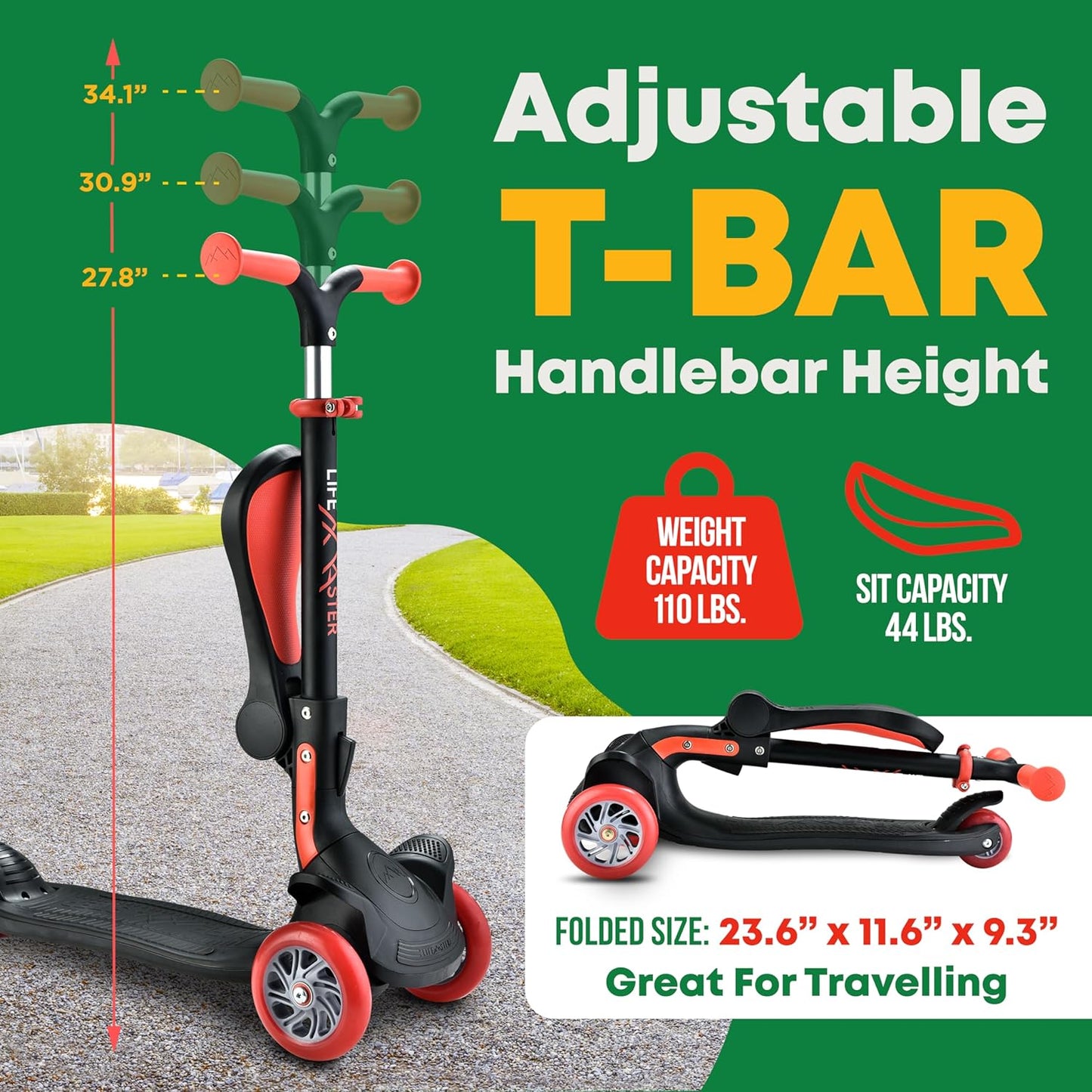 Skiennix 3-Wheel Scooter for Kids - Foldable Seat, Adjustable Handlebar, LED Wheels | Ages 2+