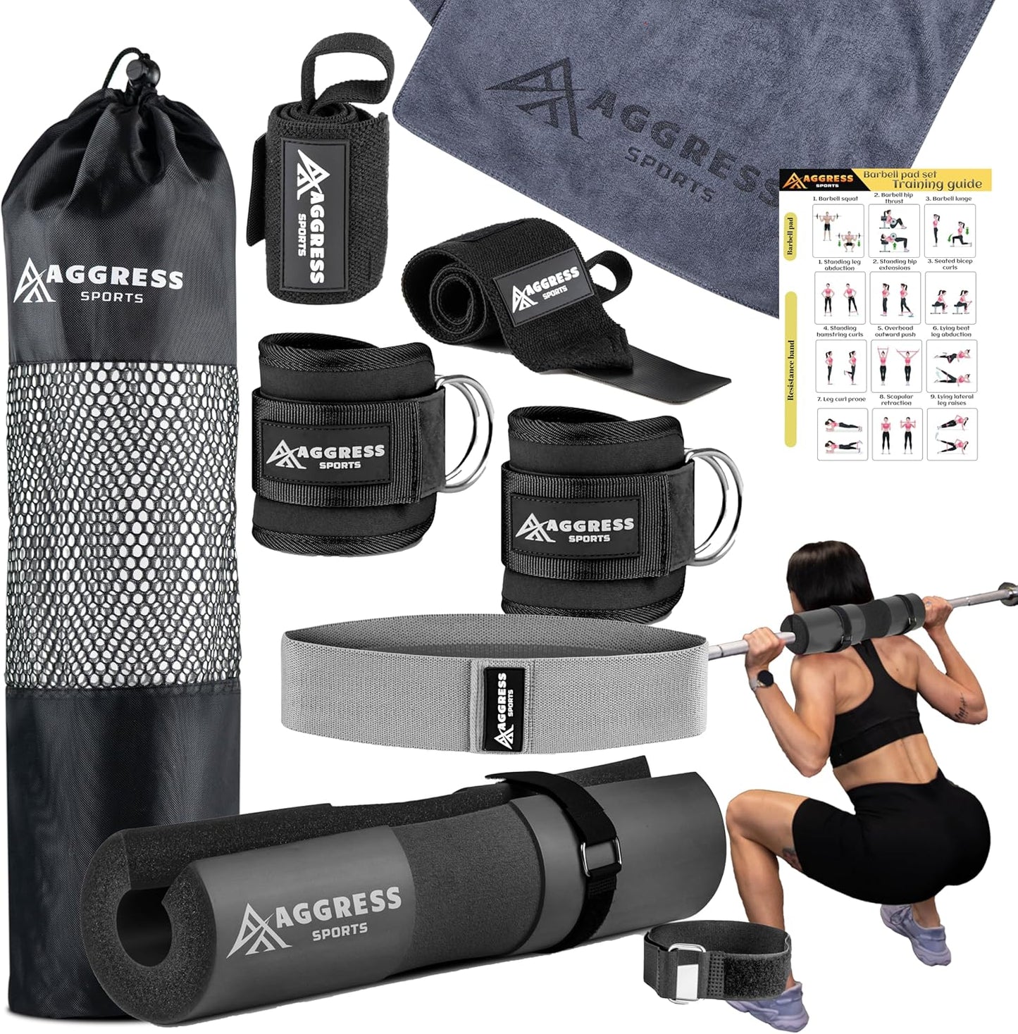 Premium Barbell Pad Set - Hip Thrust & Squat Pad with Ankle Straps, Resistance Bands & Carry Bag