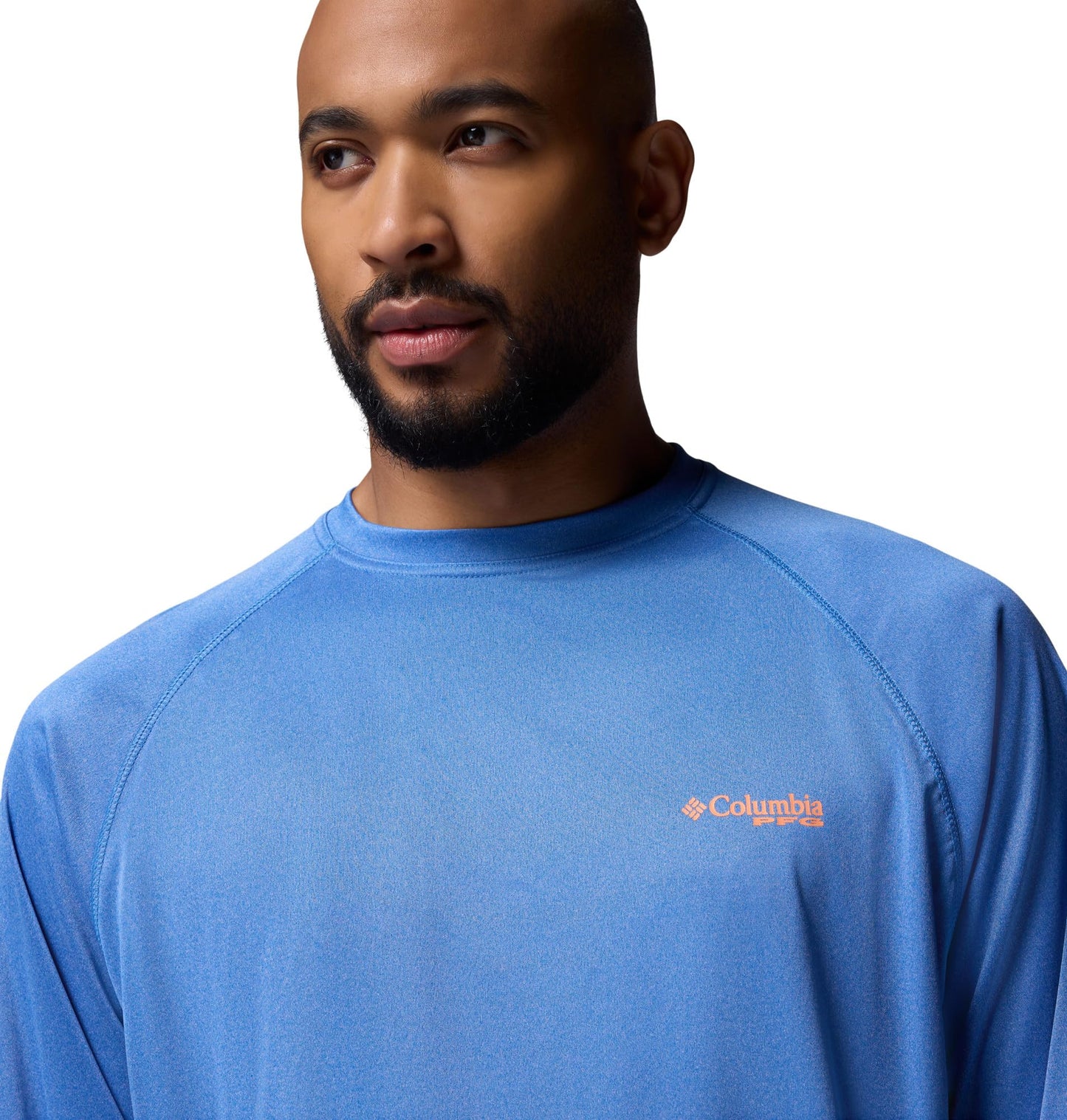Columbia Men's PFG Terminal Tackle Long Sleeve Fishing Shirt, Vivid Blue Heather/Bright Nectar Logo, Large Tall