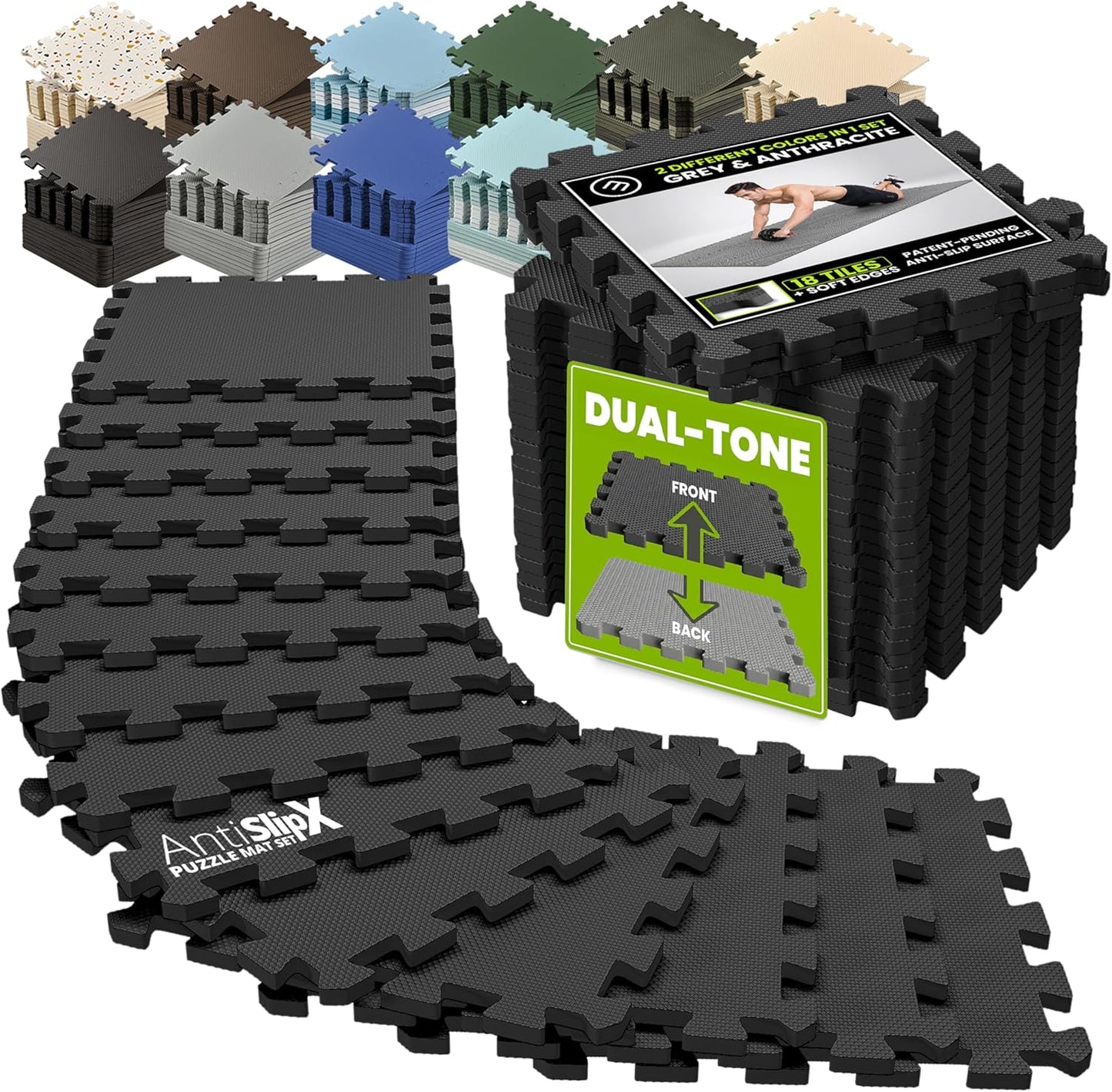 Bemaxx Gym Mats Set - 18 Pcs EVA Interlocking Foam Floor Tiles | 12.6"x12.6"x0.4" | Durable Protective Flooring for Home Workout & Fitness