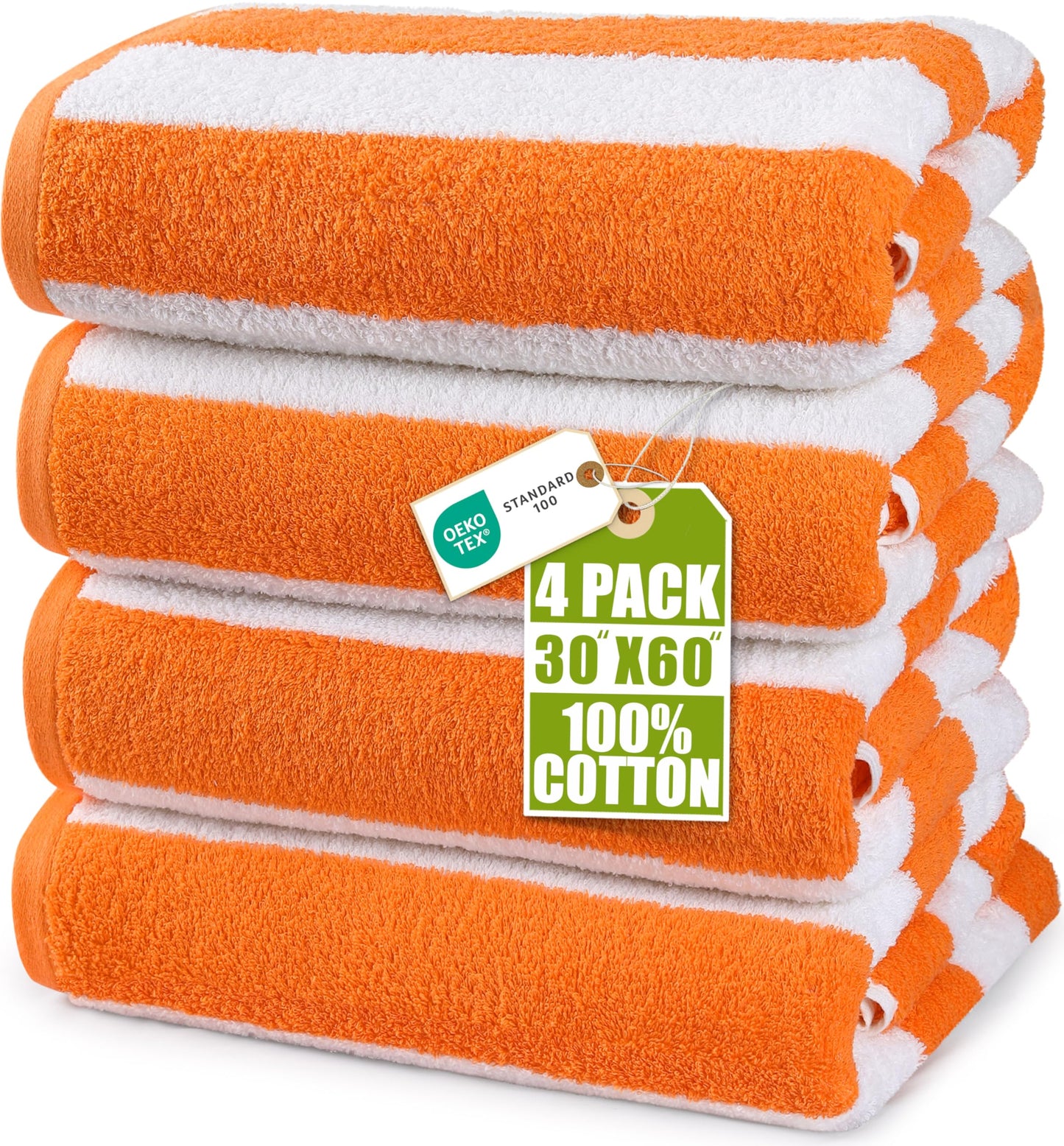Utopia Towels Pack of 4 Cabana Beach Towels, Oversized 30 x 60 Inches Cotton Beach Towel Set, Smooth Ring Spun Texture for Pool and Swim Days, Modern Striped Design Bath Towels, Orange