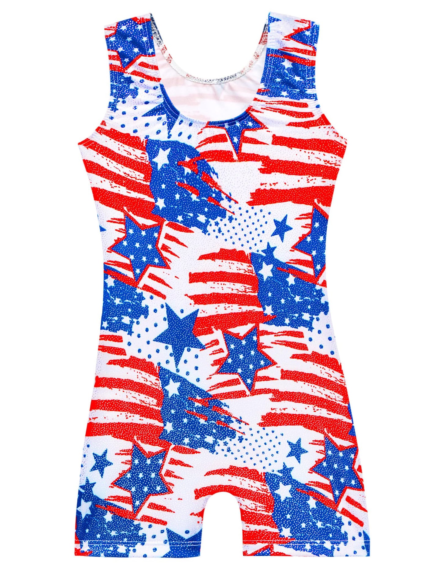 Domusgo Girls Gymnastics Leotards with Shorts Size 7-8 Years Old Metallic Blue White Sleeveless Practice Biketards