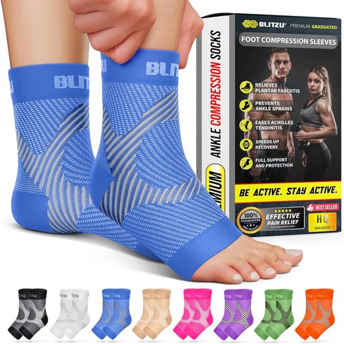 BLITZU Compression Socks - Plantar Fasciitis & Achilles Tendonitis Relief | Blue XXL Ankle Support