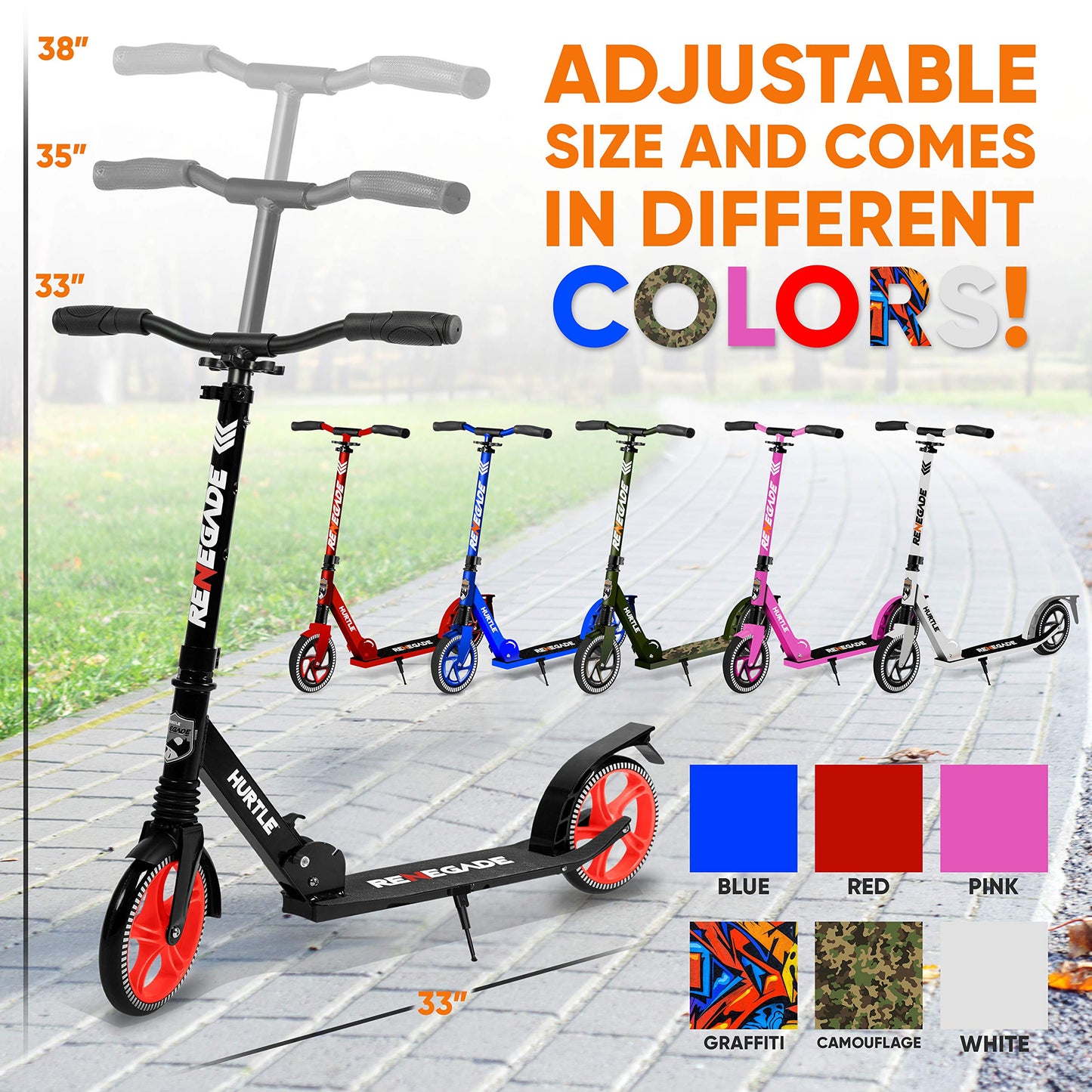 Hurtle Two Wheel Scooter for Teens, Smooth Gliding Kick Scooter for Adults w/ Adjustable Height for Ages 8+, Portable All Terrain Scooter w/ Carry Straps, Easy to Fold