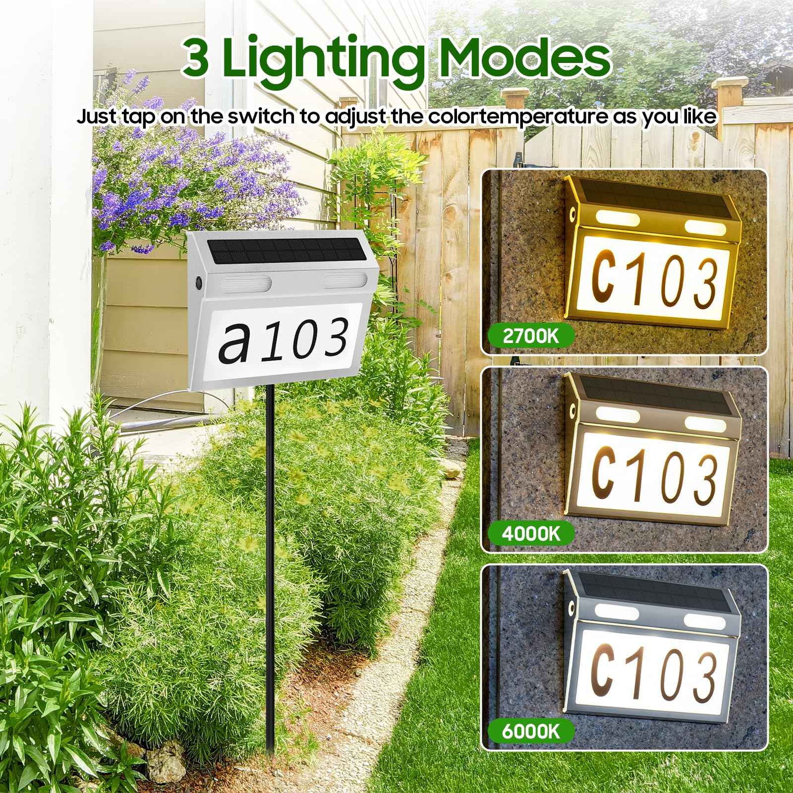 SNFKQPADJ Solar House Numbers for Outside Light Up - 3 Adjustable Color Temperatures (6000K/4000K/3000K)｜Stainless Steel Waterproof Address Sign｜Auto Light-Sensing & Easy Mount(Wall-mounted)