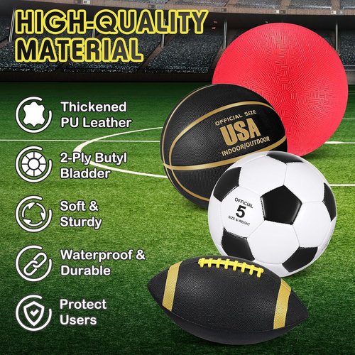 Lenwen Sports Balls Set - 4 Pcs Official Size Basketball, Soccer, Football & Pump | Perfect for Teens & Adults