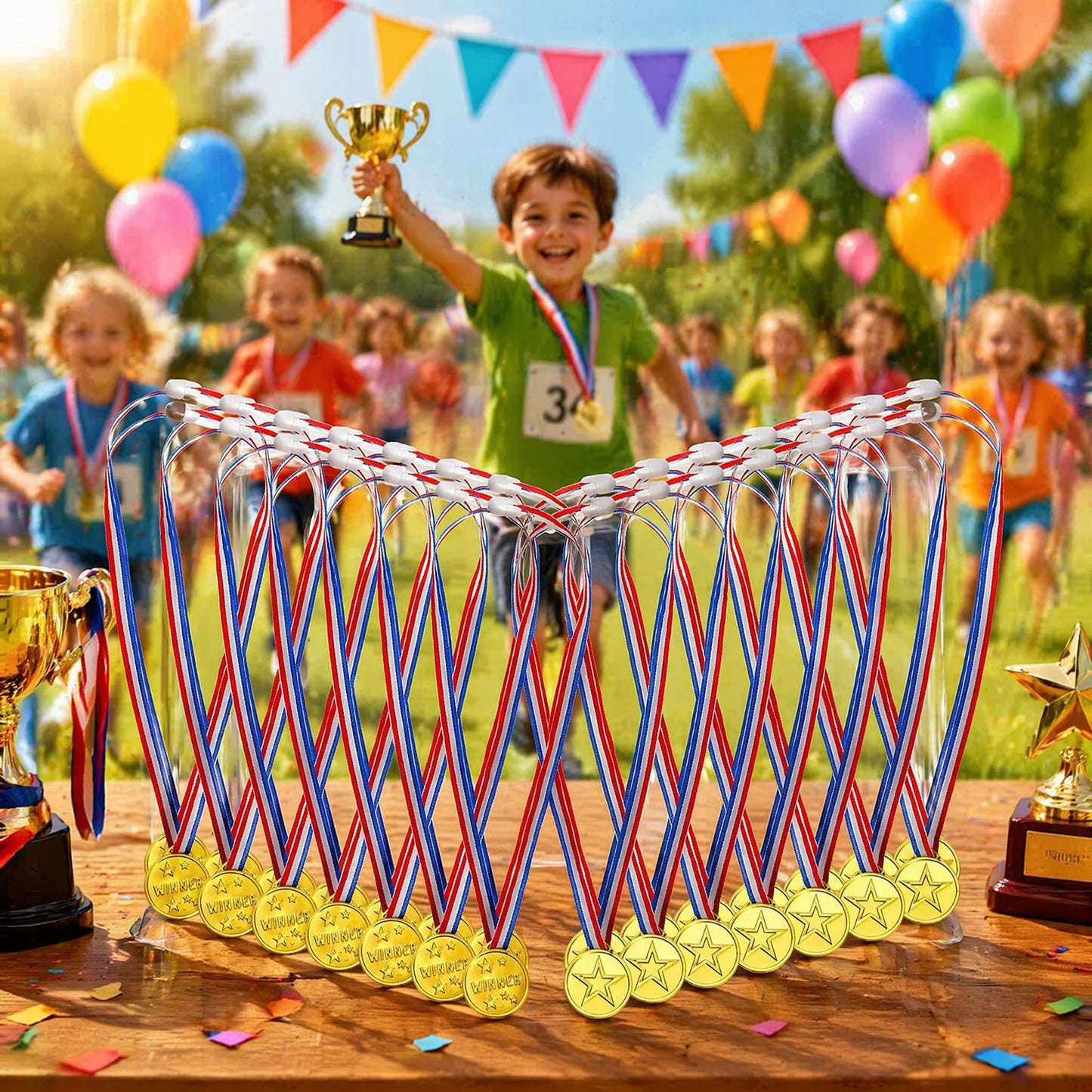 Fasmov 100 Pieces Kids Plastic Winner Medals, Winner Award Medals for Kids Sports Awards, Games Competitions, Prizes, Party Favors and Decorations