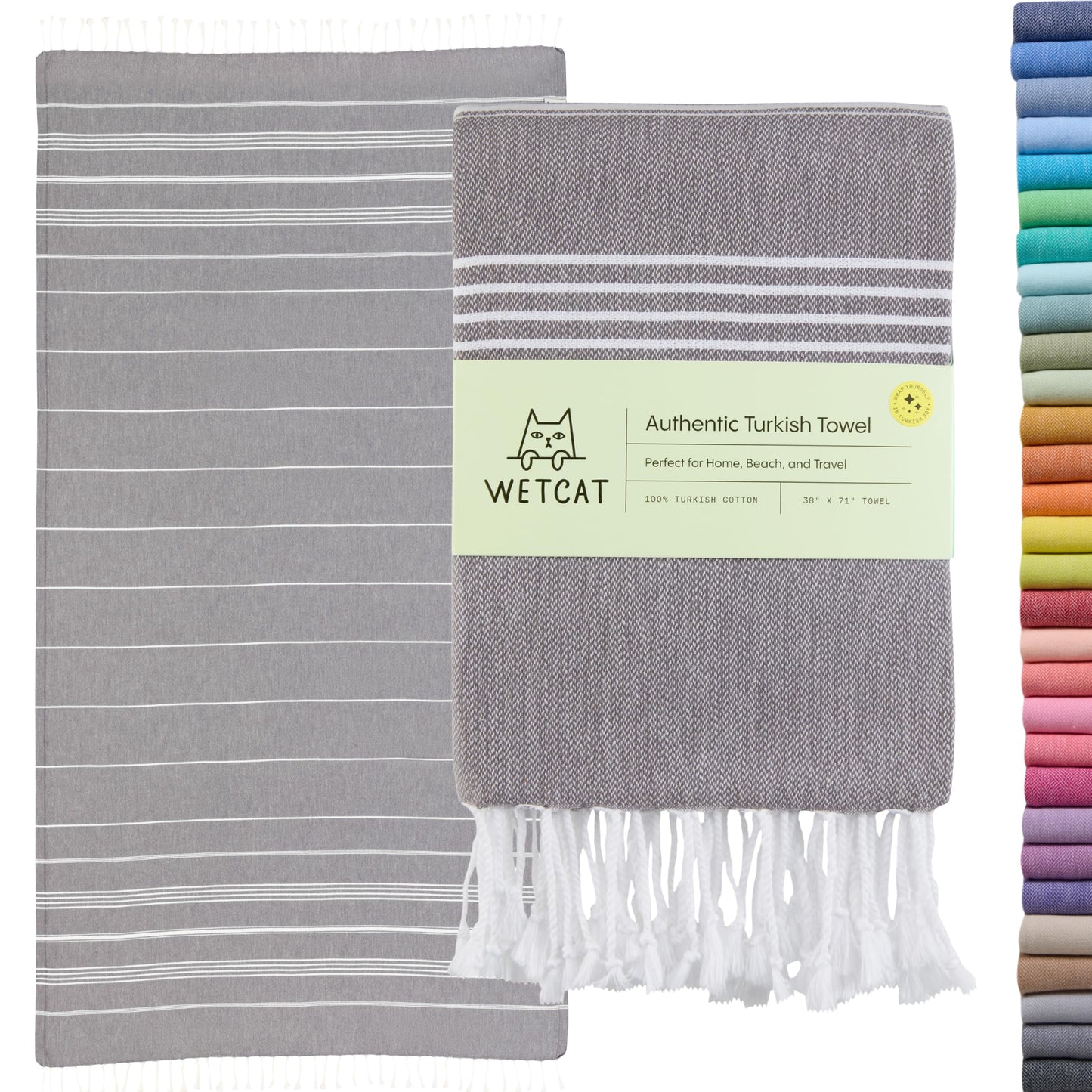 WETCAT Turkish Beach Towel Oversized (38"x71") 100% Turkish Cotton, Made in Turkey - Sand Free, Extra Large, Ultra Soft, Quick Drying, Compact & Lightweight for Travel - Dark Gray