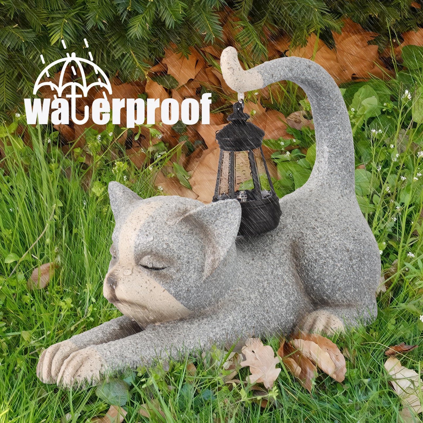 JUMPHIGH Garden Cat Statue with Solar Lantern, Garden Sculpture Decor Animal Figurines Cute Cat for Yard Lawn Patio Balcony Outdoor Ornament, Unique Gifts for Women mom dad
