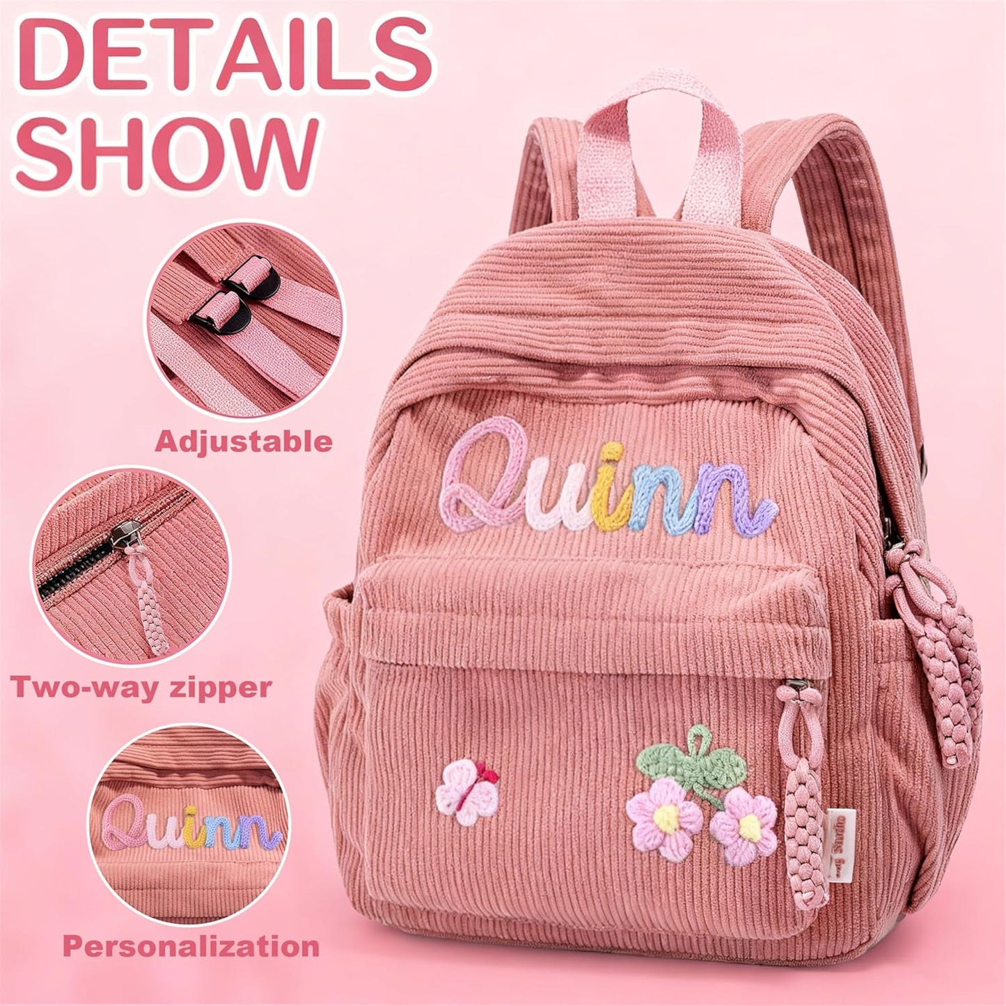 WANSHUNLMI Personalized Corduroy Kids Backpack - Custom Name School Bag for Toddlers | Available in Pink, Sizes M & S