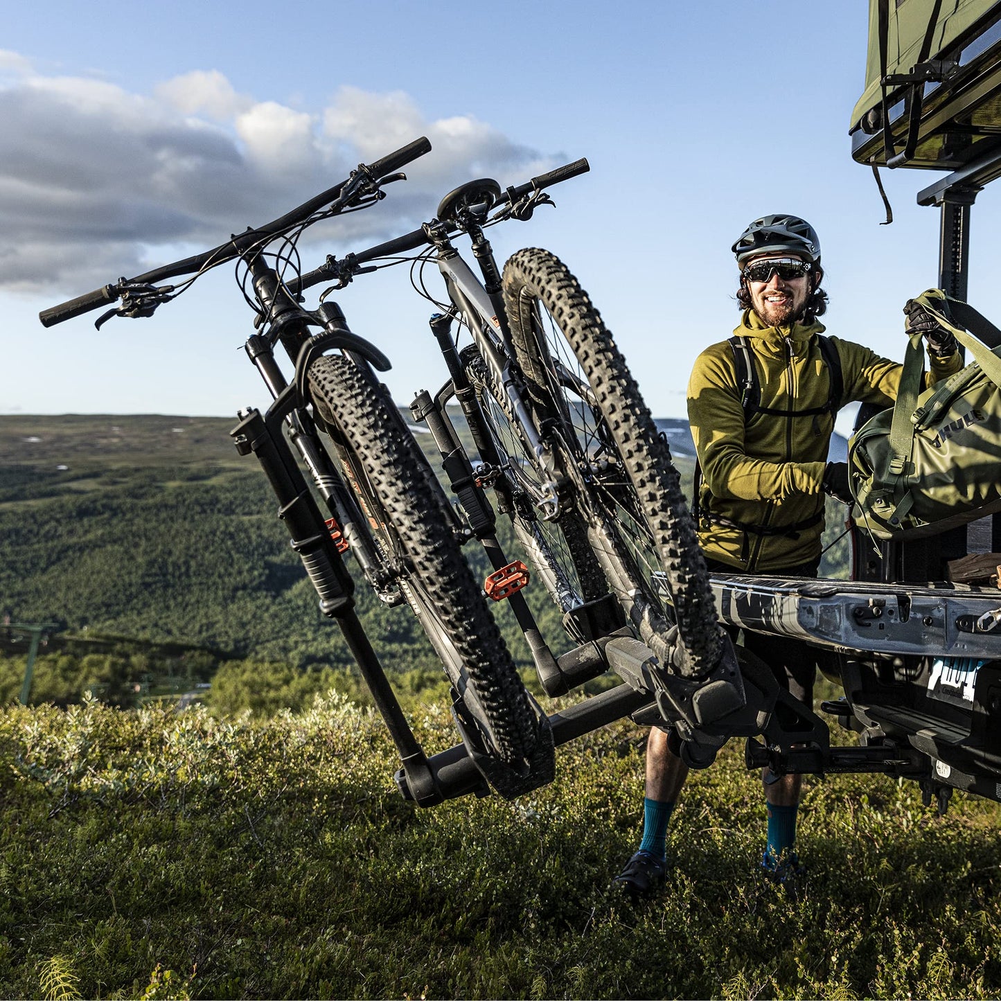 Thule T2 Pro XTR 2 Hitch Bike Rack - E-Bike Compatible - Tool-Free Installation - No Frame Contact - Tilts for Trunk Access - Fully Locking - Integrated Wheels For Transport - 100lb Load Capacity